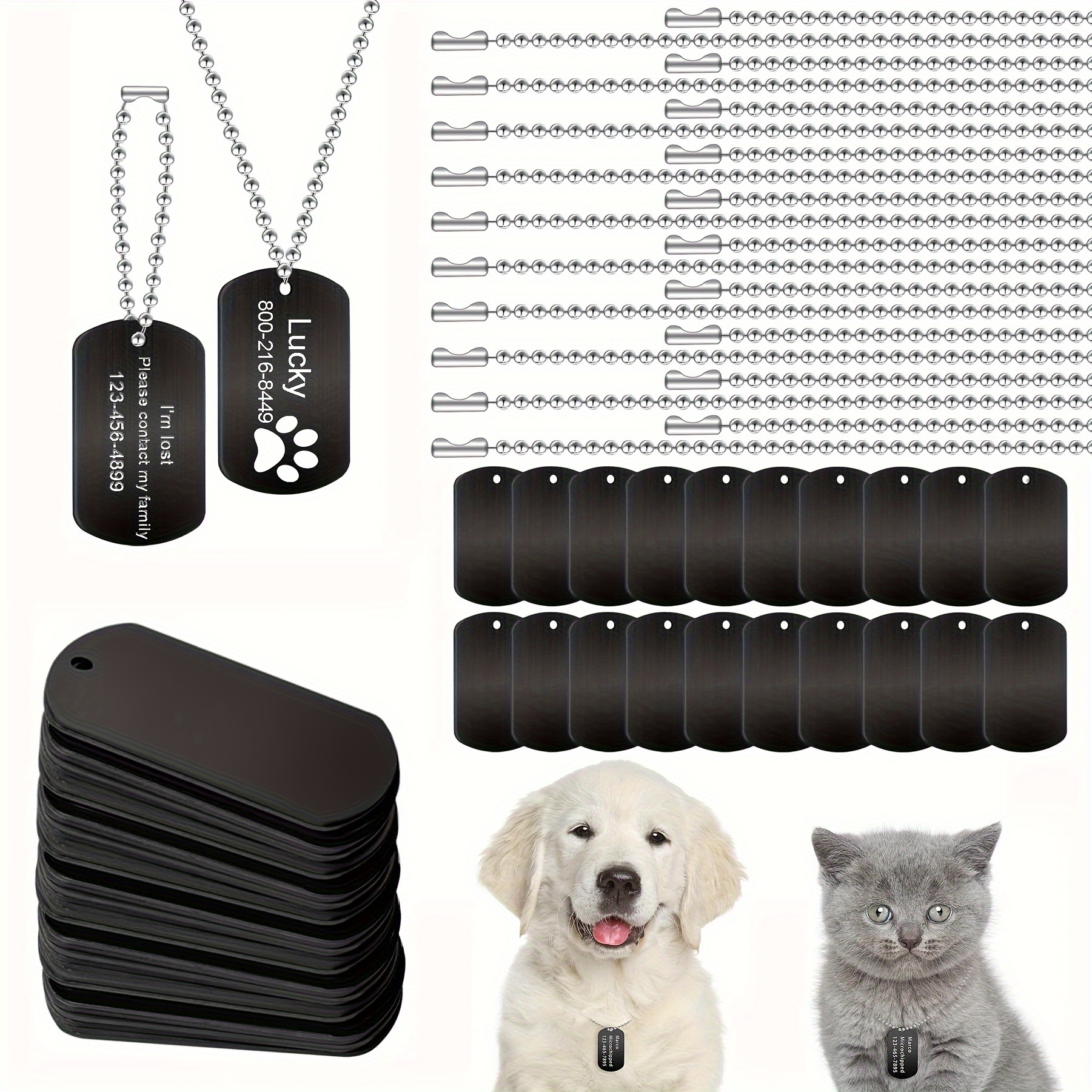 

40pcs Dog Tags Set, Including 20 Pcs Aluminum Blank Dog Tags, 20 Pcs Ball Steel Chain Rectangle Blank Tag, Metal Stamping Tags For Diy Decorative Craft Pet Tags