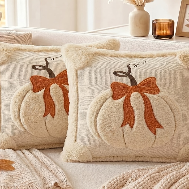 TEMU 2pcs, Pumpkin Pillow Set - Ribbon Embroidery Decor, Soft & Comfortable, Suitable For Bedroom, Sofa, Lounge Chair, Etc., Home Decor Pillows For