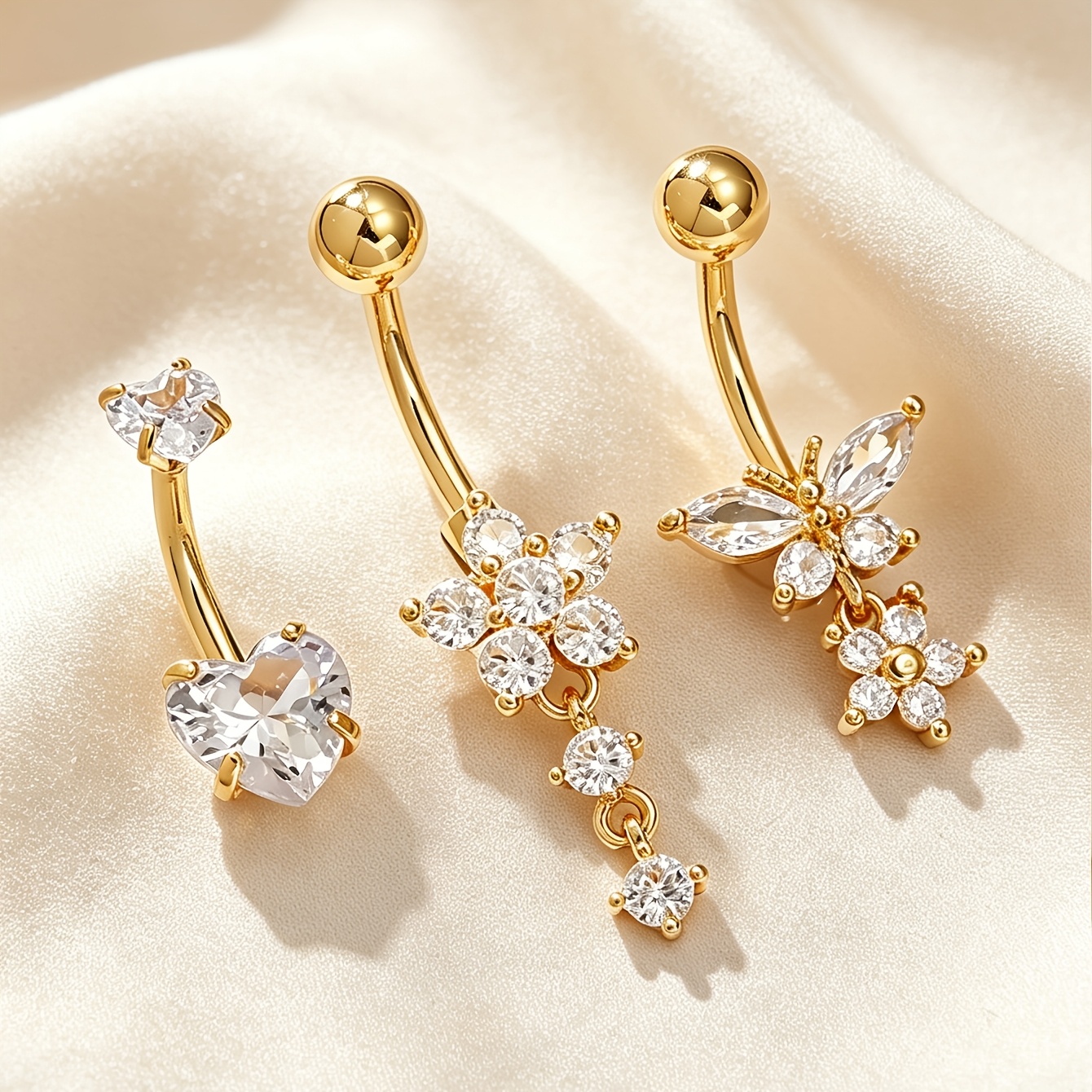 TEMU 3pcs Belly Button Stud Set, Heart Flower 5a Zirconia Navel Piercing, Hypoallergenic Piercing Jewelry, Versatile For Beach Parties And Daily Wear