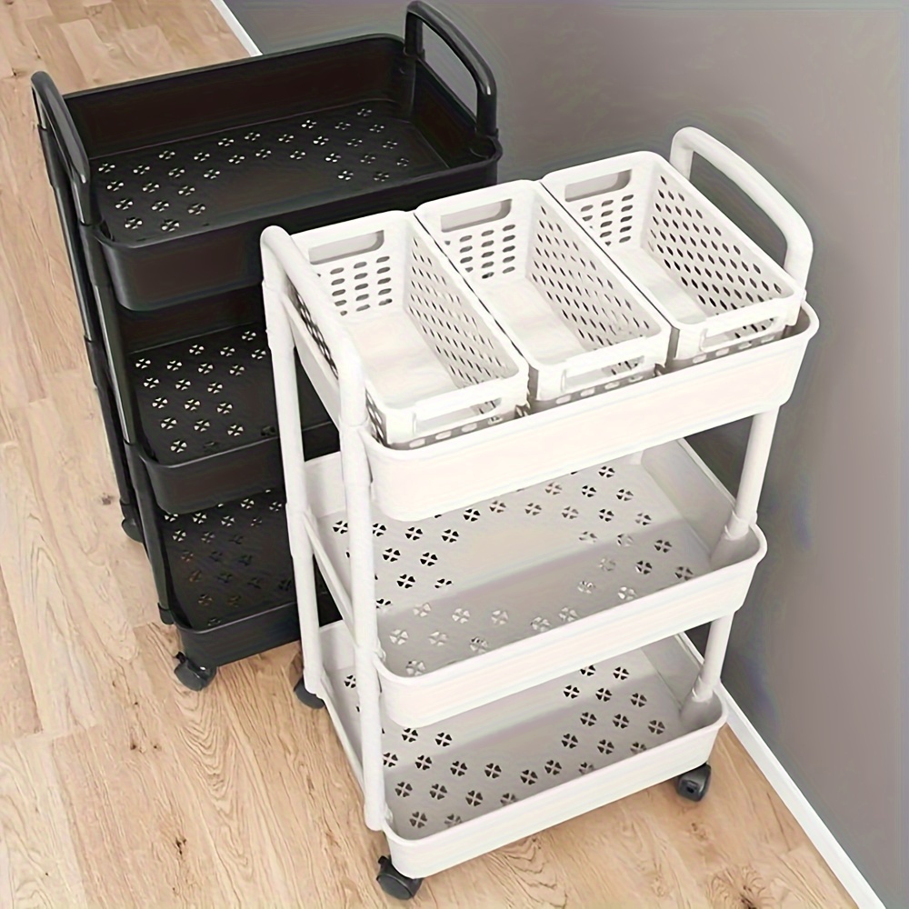 

Versatile White Plastic Storage Rack - Multi-tier Rolling Trolley For Kitchen, Bathroom & Bedroom Organization