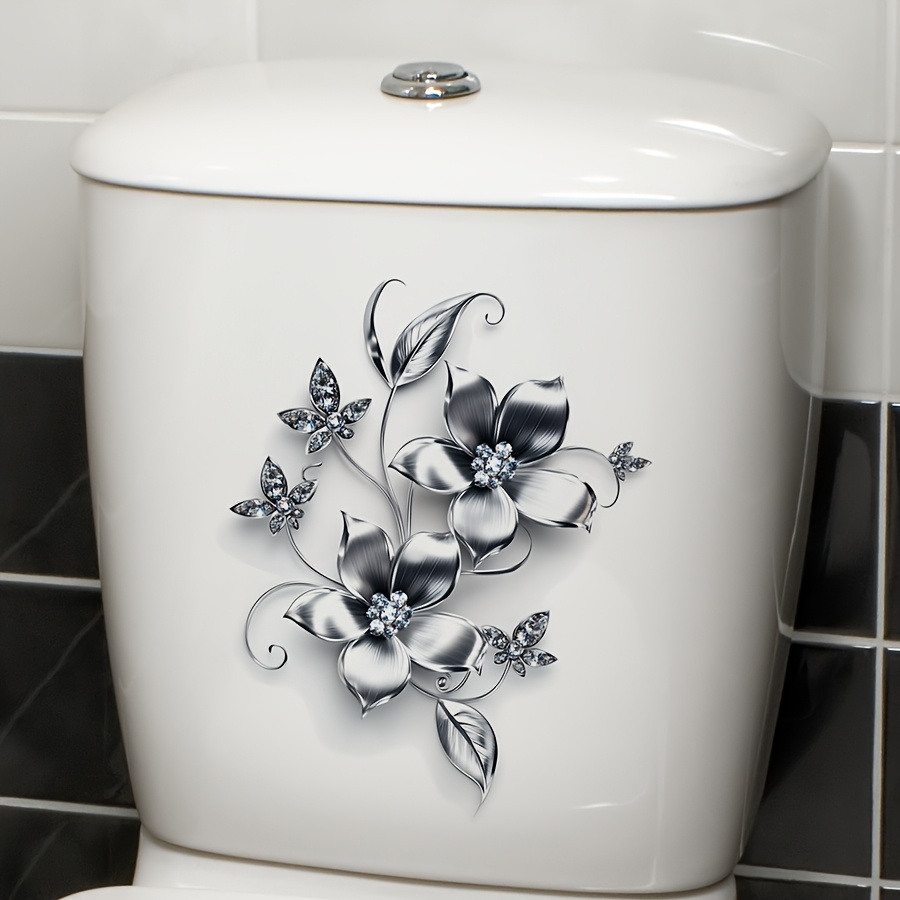 3d Silvery Flower Toilet Sticker, High-end Bathroom Decoration, Self-adhesive Creative Toilet Decorative Sticker
