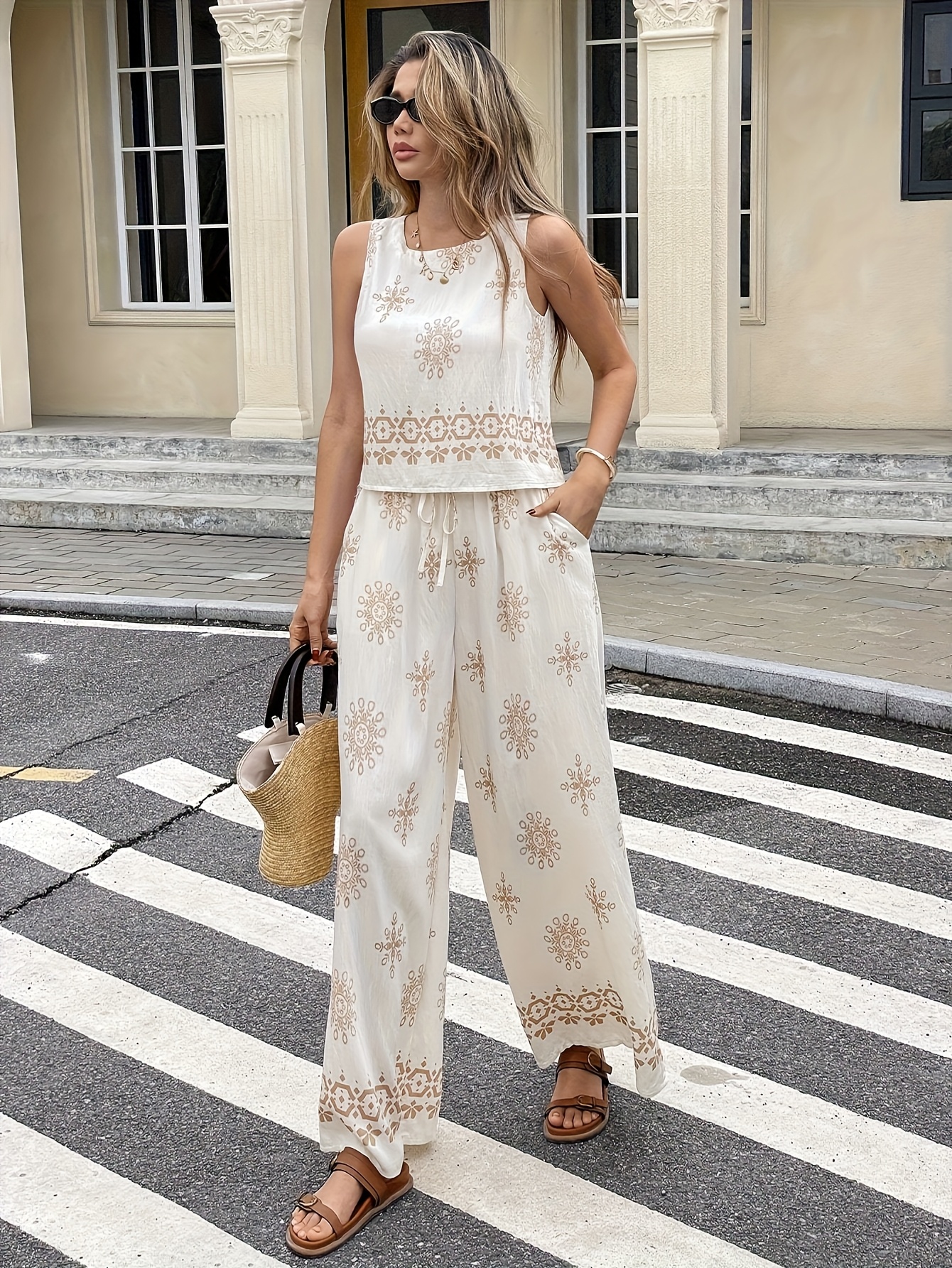 summer fashion womens casual sleeveless vest top and wide leg pants 2pcs set milky 0