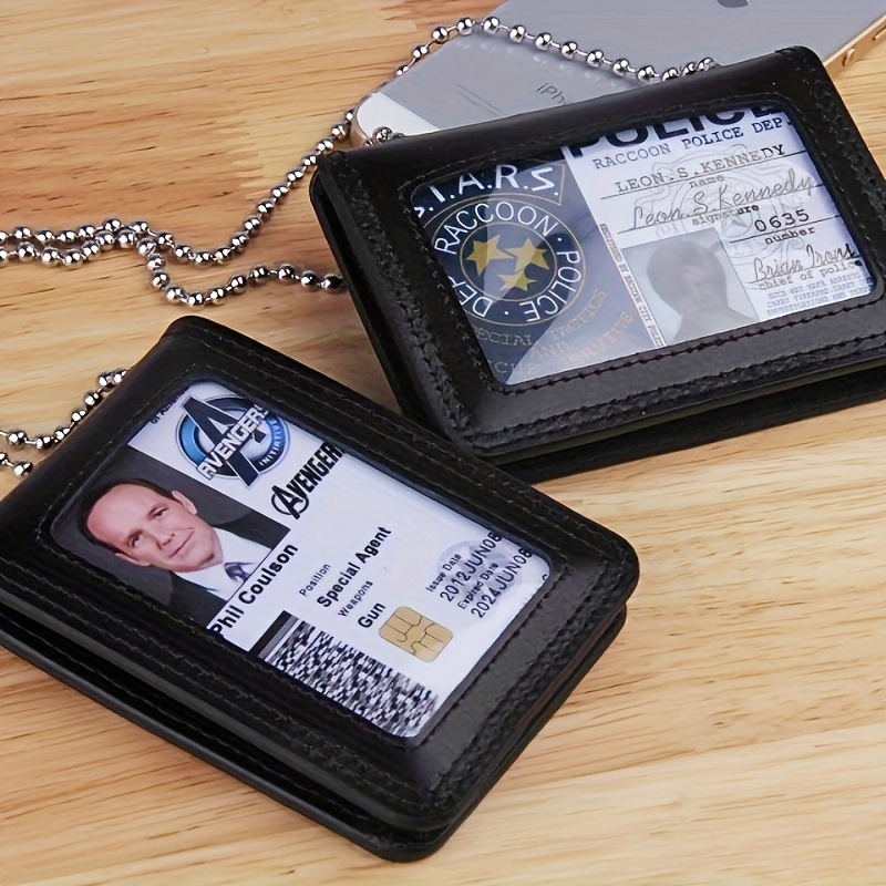 

Genuine Faux Leather Id Badge Holder With Stainless Steel - Cowhide, Transparent Pouch For Office, Hospital Staff & More