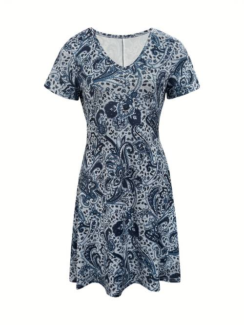 vacation ethnic style printed v neck short sleeved dress targeted