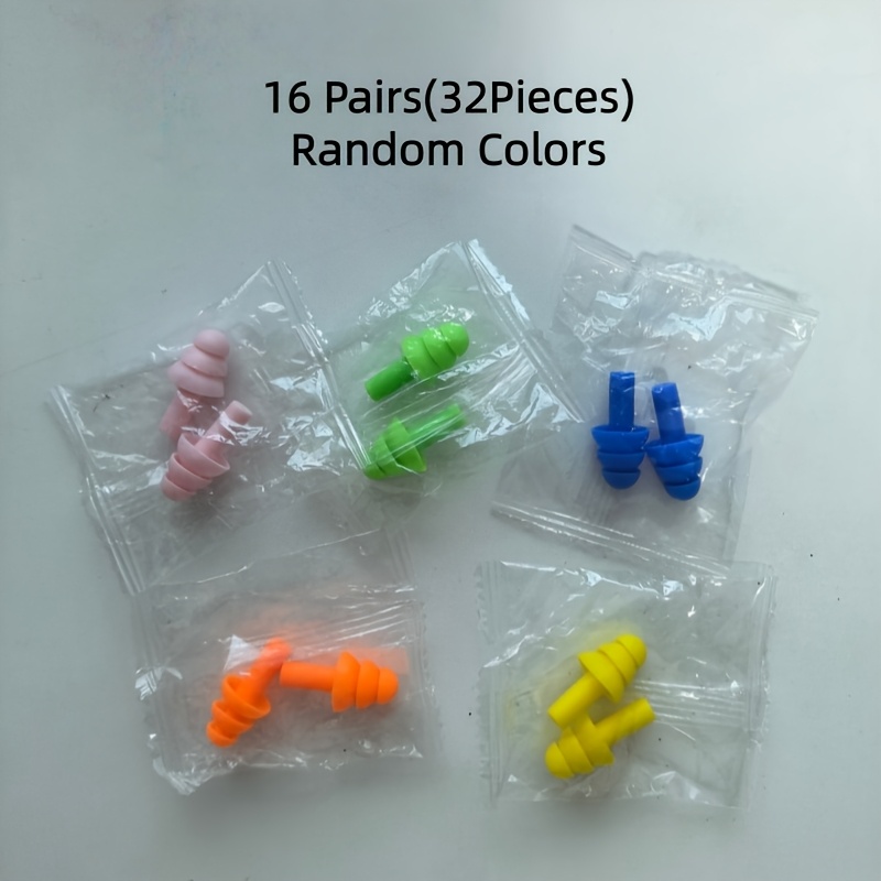 E-shop 16 Stück (32 Stück) Wiederverwendbare Silikon-Ohrstöpsel mit Beuteln, Zufällige Farben, -Design. Ideal zum Tauchen, Schwimmen, Lernen, Schlafen,