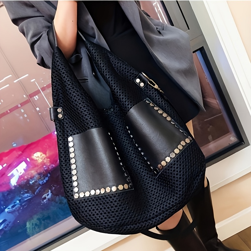 

Vintage Punk-style Rivet Mesh Tote - Large Capacity, Nylon Shoulder Bag For Women, Black