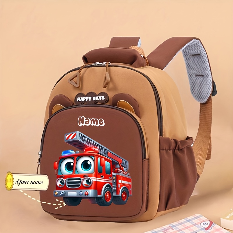 TEMU Personalized Custom Name Cartoon Backpack, Trendy Cartoon-themed Bag Featuring Engineering Vehicle Prints, Adorable Fire Truck Design, 3d Bear