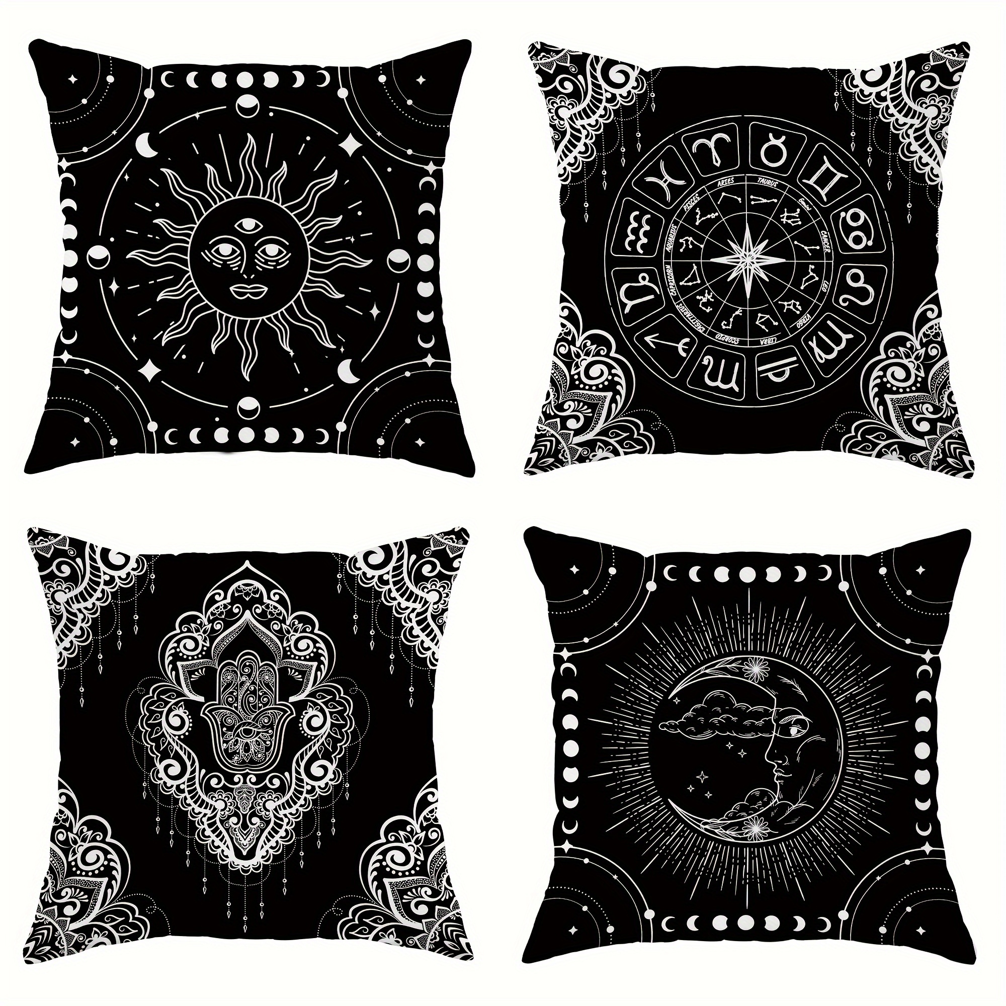 

4-piece Set Velvet Throw Pillow Covers - Bohemian Sun & Moon, Farmer's Hand Floral Design In Black & White, 18x18 Inch - Perfect For Living Room, Bedroom, Sofa Decor