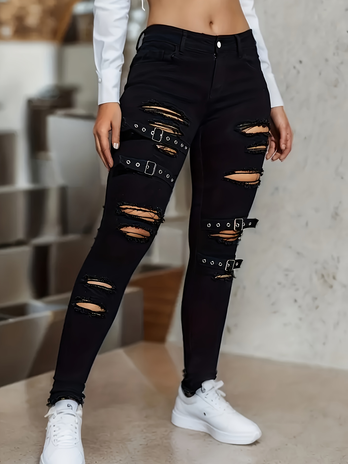 womens high waisted black skinny jeans ripped details casual