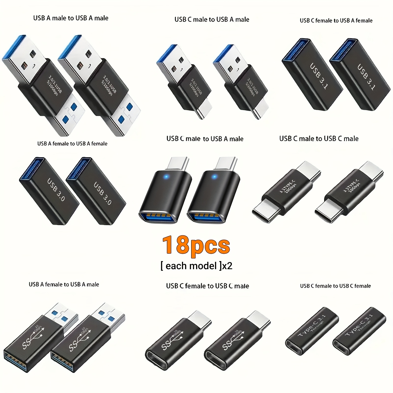 TEMU 18pcs Usb 3.0 Male To Male, Female To Male, And Female To Female Adapters | Compact, Conversion Expanders, Pvc