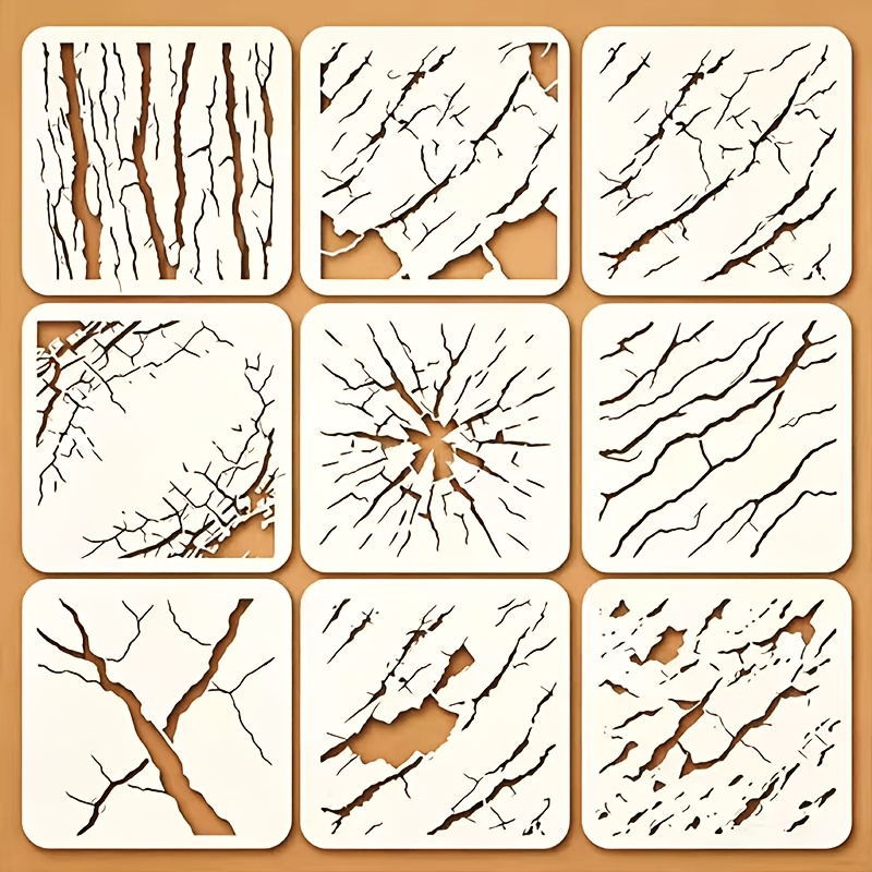 TEMU 9pcs Crack Stencils Reusable Cracked Wall Fracture Spiderweb Tree Bark Distressed Texture Stencil Set For Painting Furniture Fabric Wall Crafts,