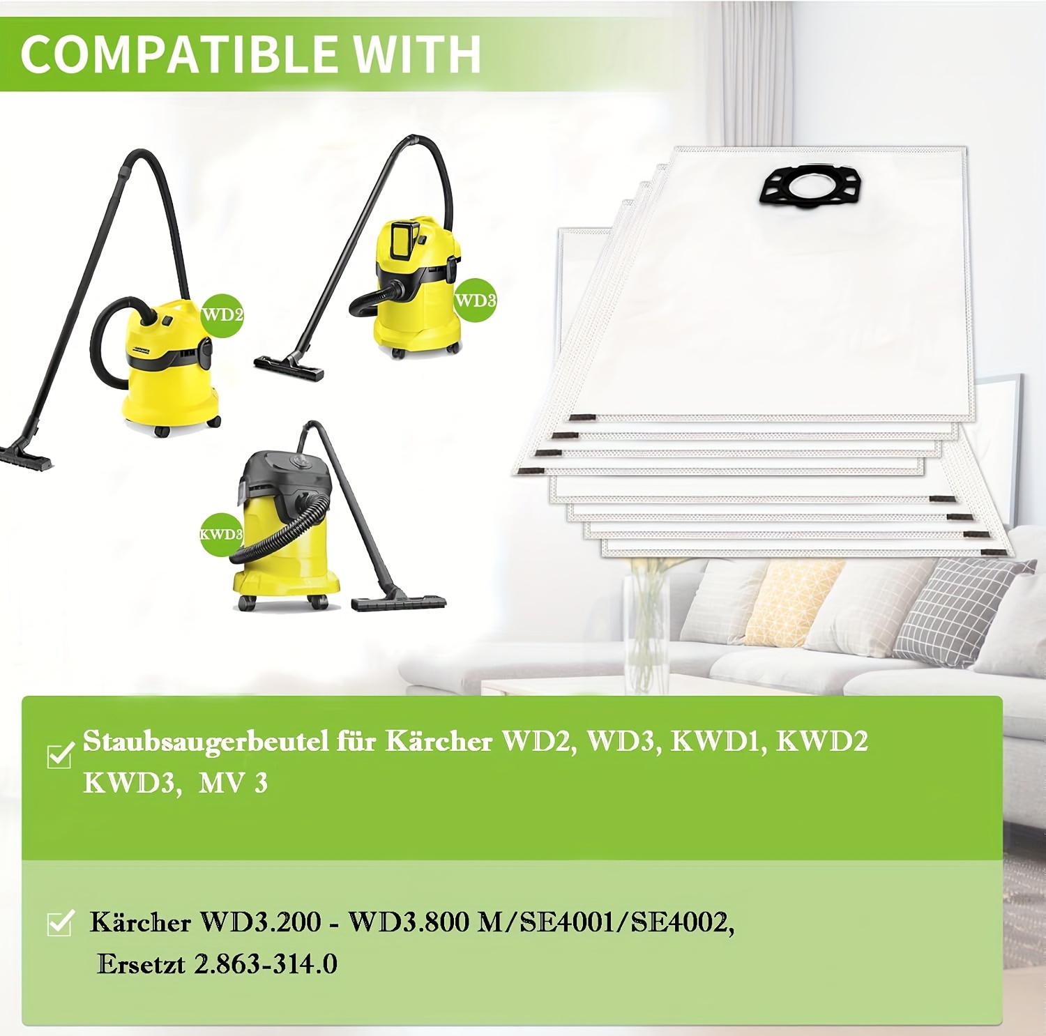 12 Sacs Aspirateur KFI 357 Pour Kärcher WD2Plus/WD3/KWD1/KWD2/KWD3/MV3 - Remplace 2.863-314.0