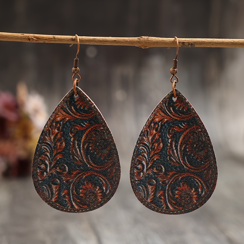 1 Pair Vintage Bohemian Ethnic Drop Printed Ancient Floral Pattern Faux Leather Earrings