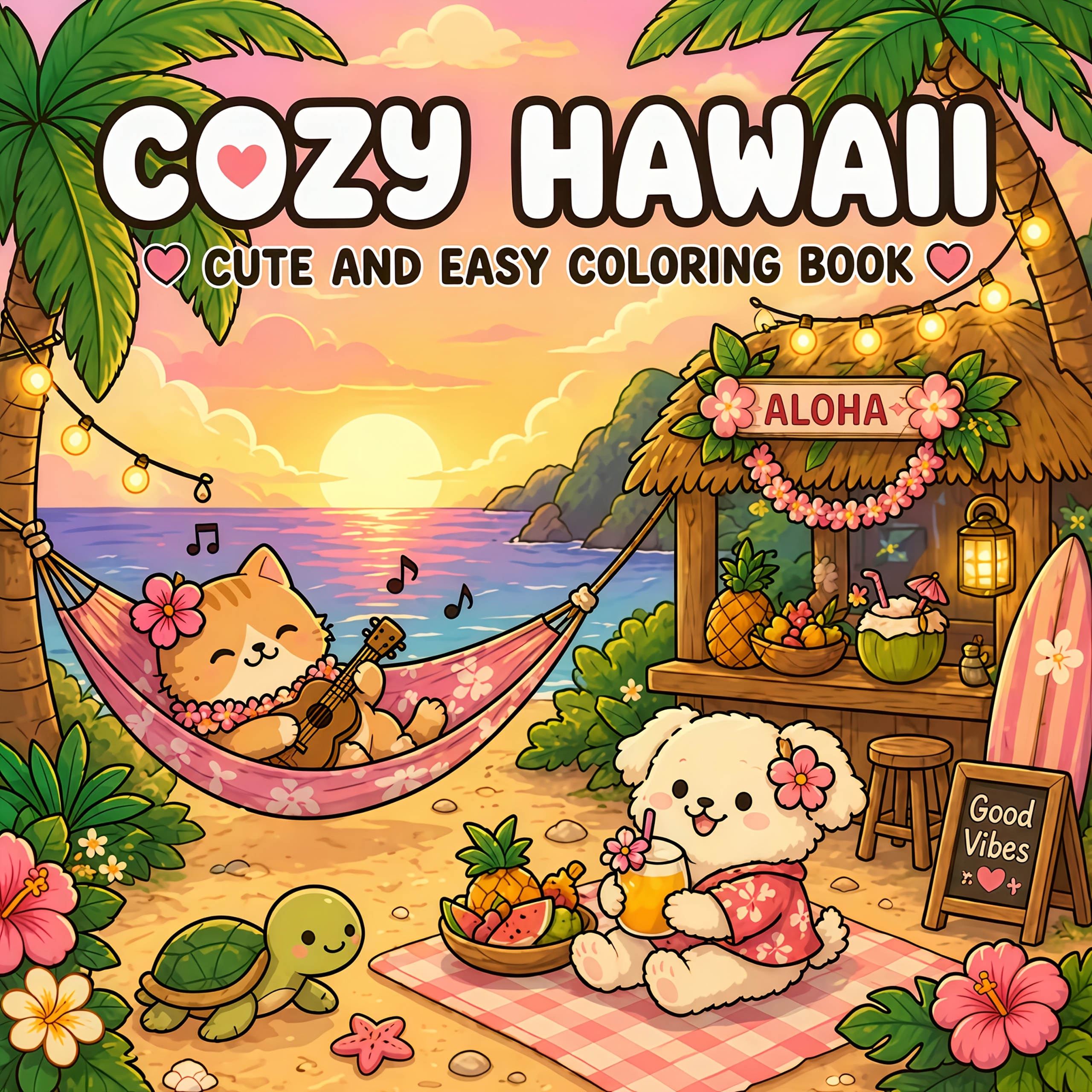 TEMU 1 Hawaiian Coloring Book, Tropical Beach Theme, 24 Pages Of Thick Paper, Containing Beautiful Tropical Scenery, Palm Trees, Sea , Beach Leisure,