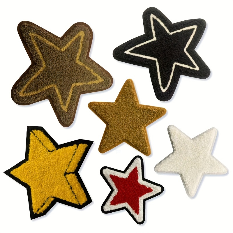 

6pcs Trendy Towel Embroidered Patches - Star Shapes In Khaki, Mustard Yellow, Brown, White, Red, Black - Ideal For Diy Jeans, Jackets, Hats & Backpacks