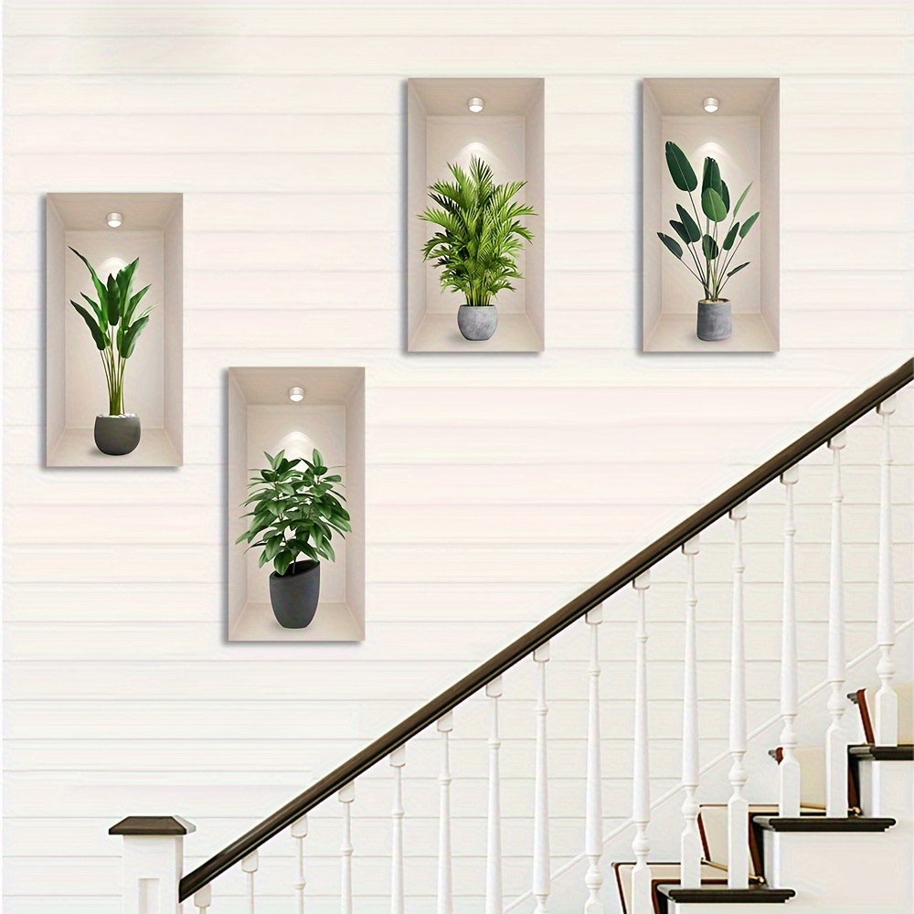 

4pcs Modern Simulated Plant Potted Plant Wall Sticker For Living Room Wall And Entrance Decoration Pvc Sticker