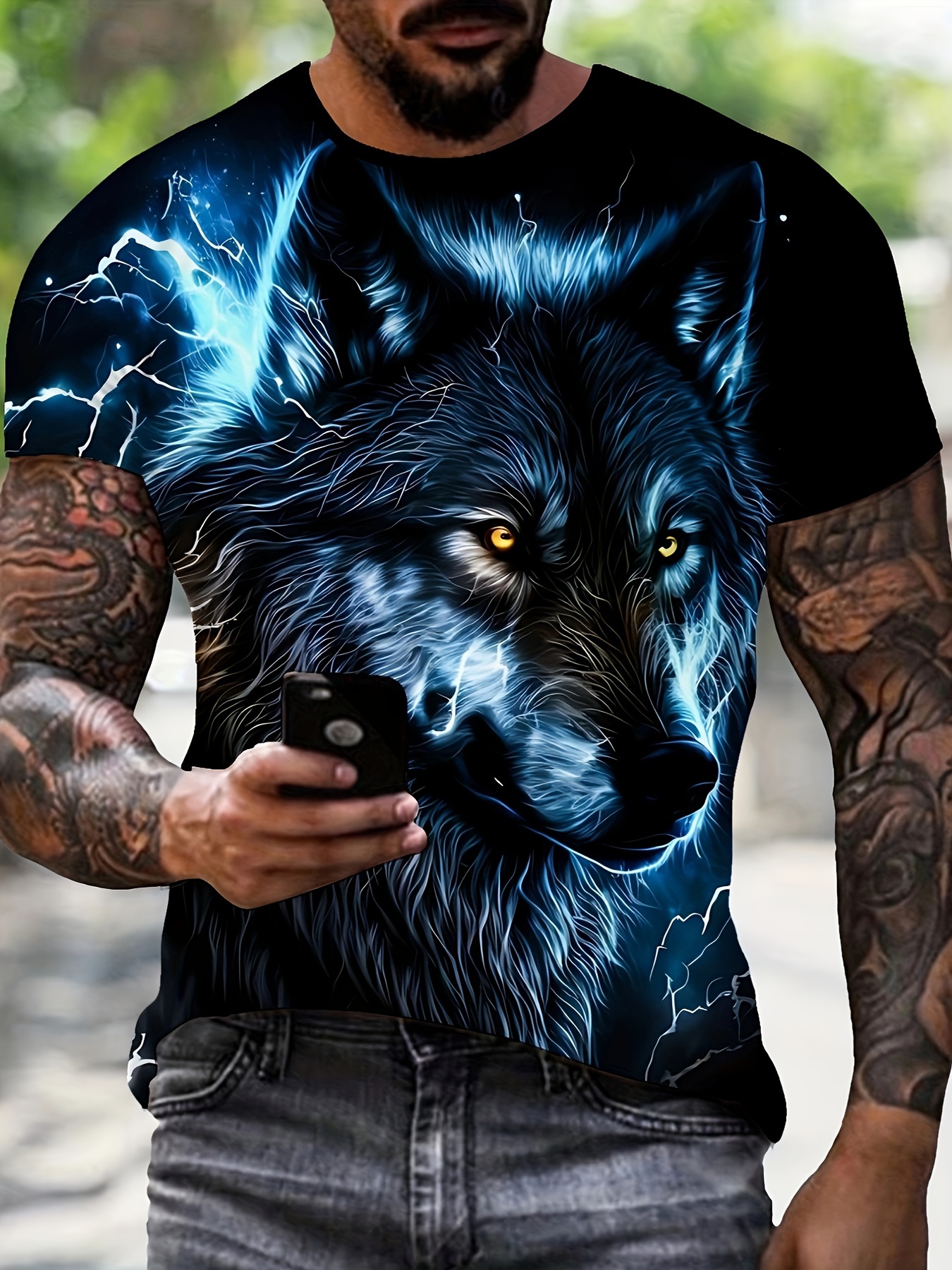 mens lightning wolf pattern printed t shirt 3d printing round neck casual short sleeve summer mens novelty t shirt top