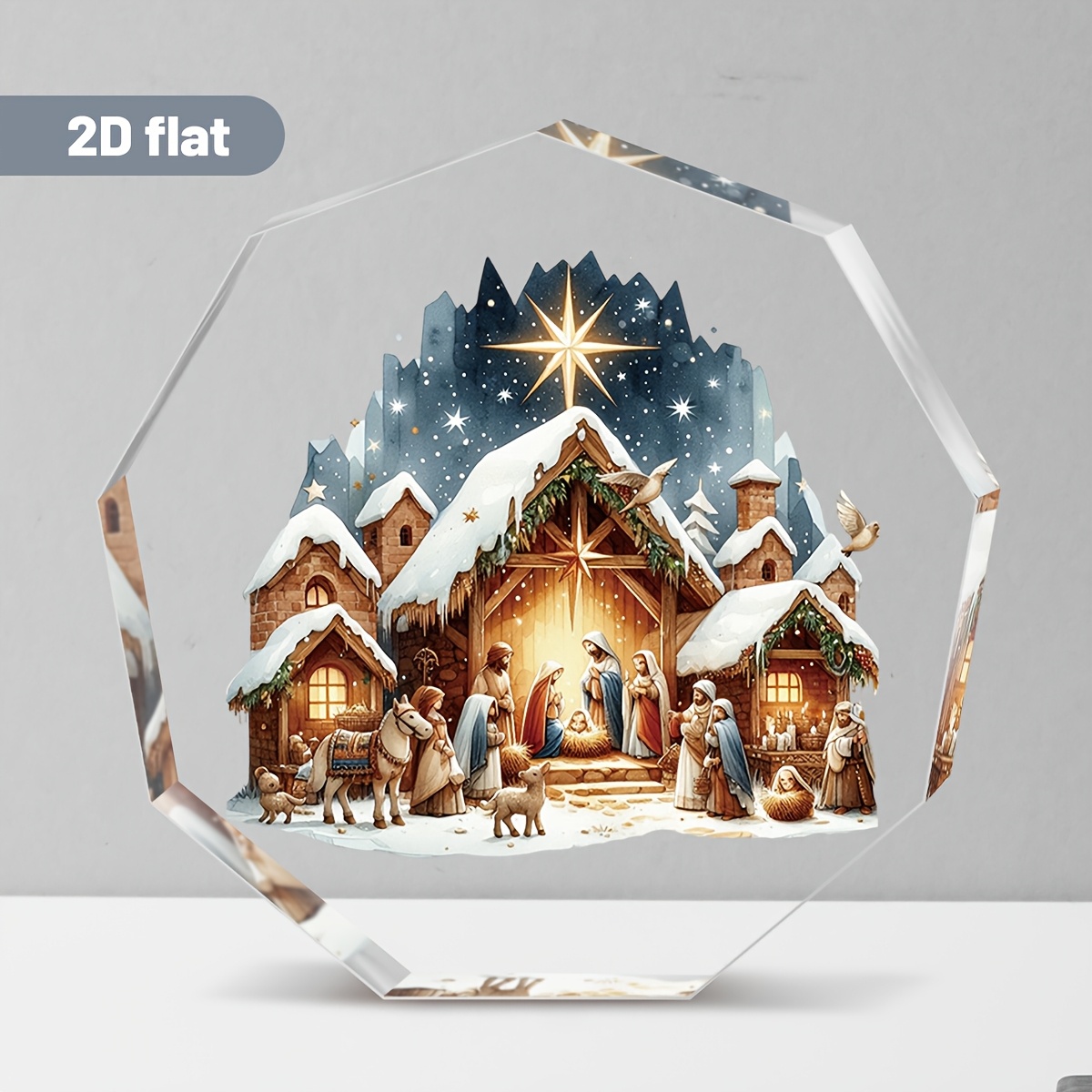 TEMU 2d Flat, 1pc, Nativity Scene Religious Style Christmas Acrylic Desktop Stand Ornament, Manger With Baby , Mary, And Joseph Pattern, Warm For