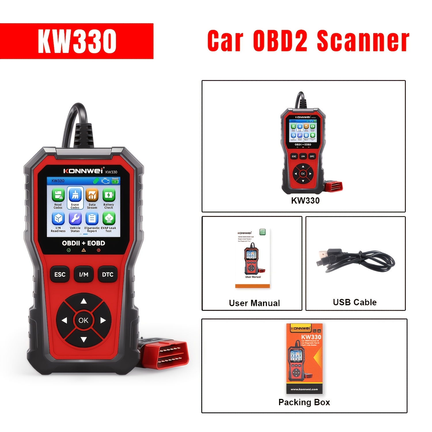 Konnwei Kw330 Universal Professional Diagnostic Scanner Tool For Cars, Engine Fault Code Reader With Live Data, Vin Reader, I/, Freeze Frame, Battery Voltage Analyzer, Without Battery