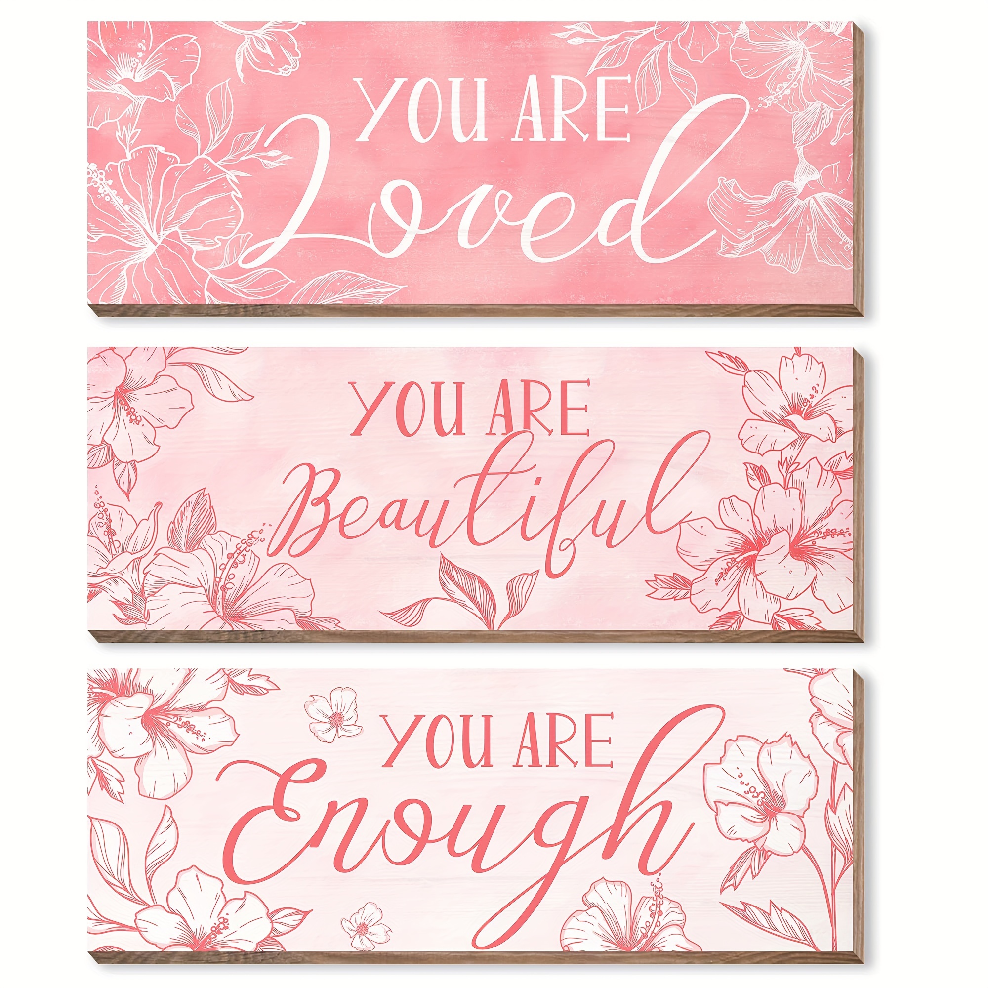 

3pcs You Are Beautiful You Are Enough You Are Loved Sign, Pink Room Decor, Pink Wall Decor, Positive Quotes Inspirational Wall Signs For Women, Wooden Hanging Wall Plaques
