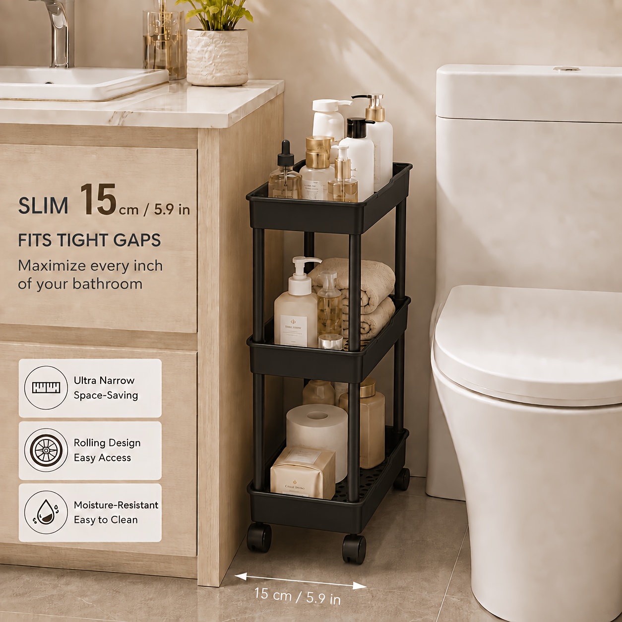 TEMU 3-tier Narrow Storage Cart, Sliding Shelf For Bathroom And Kitchen, 15cm Ultra-narrow Plastic Mobile Organizer, Small Space Toilet Storage Rack,