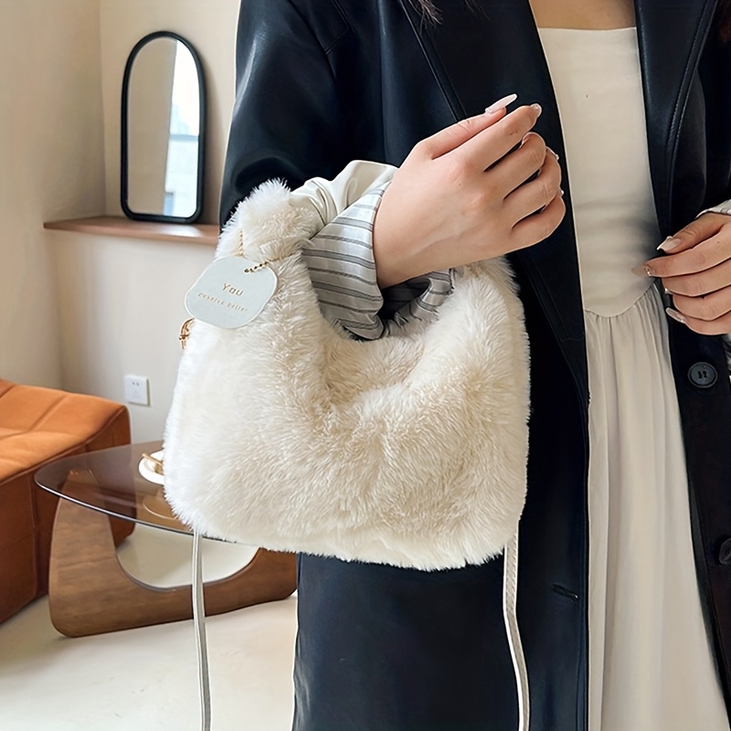 TEMU Sacs à main en peluche pour femmes avec poignée froncée, petit sac bandoulière pour dame, sacoche décontracté, demi-, sacs d'hiver pour femmes