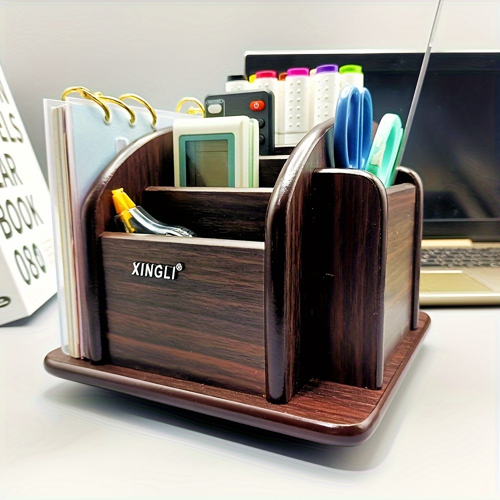 

Rotatable Wooden Desk Organizer - Creative Storage Box For Office Supplies, Home