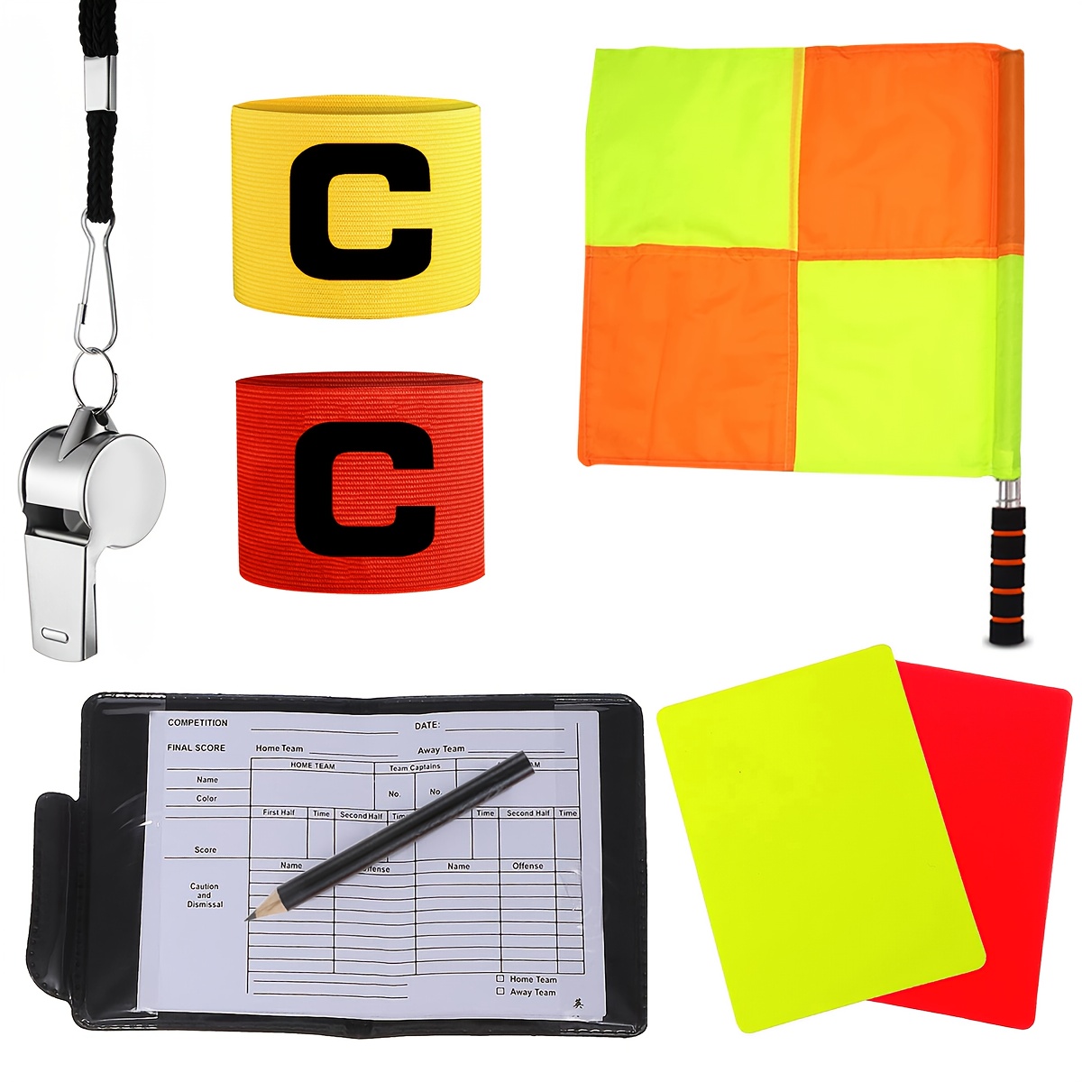 Image of 2025 New Model, Practical Soccer Referee Full Set (including Red And Yellow Cards, Referee Flags, Record Book, Lanyard Whistle, Aluminum Pen, 2 Soccer Positioning Armbands), The For Soccer Referees