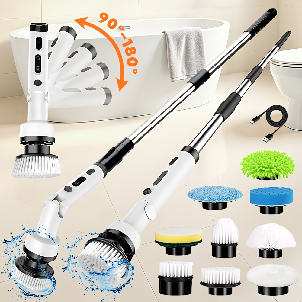TEMU 9in 1 Electric Spin Scrubber With Adjustable Extension Handle, Cordless Cleaning Brush With 9 Replaceable Heads, Power Display, Ideal For