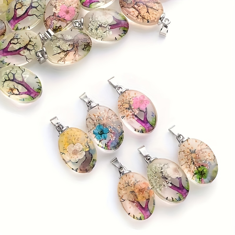 

6pcs Glass Charms With Inlaid Dried Flowers For Diy Jewelry Making - Elegant Pendant For Bracelets And Necklaces