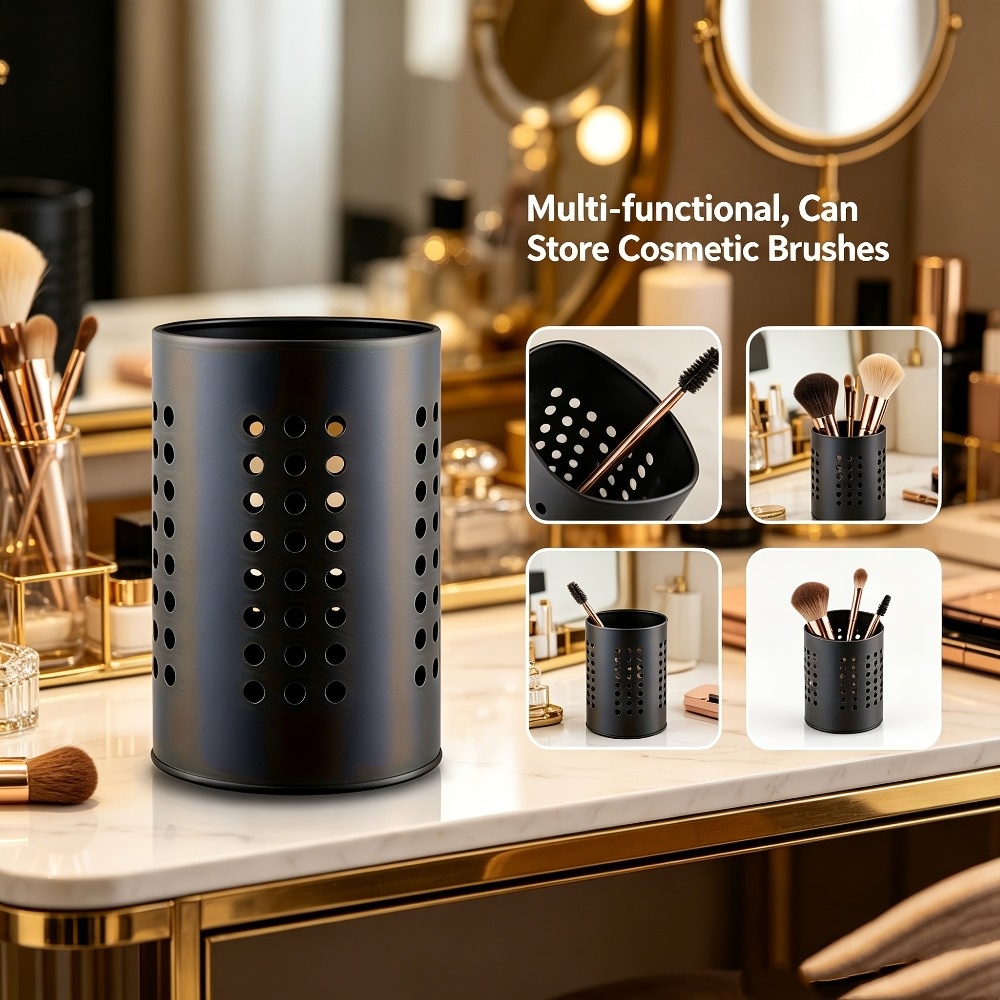 TEMU Heavy-duty Stainless Kitchen Utensil Organizer With Drainage System - Cylindrical Countertop Storage Basket Suitable For Utensils, Makeup