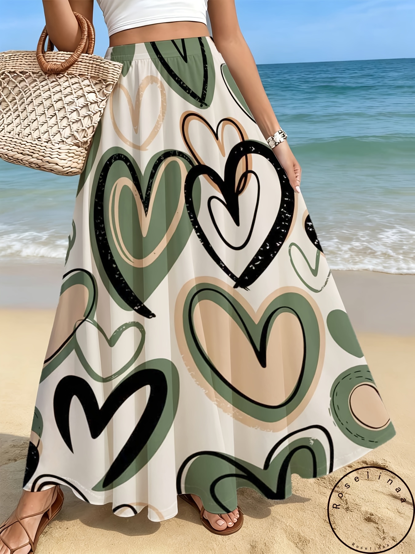 item picture womens high waisted maxi skirt abstract heart print olive green black beige artistic pattern beach   flowy comfortable summer wear