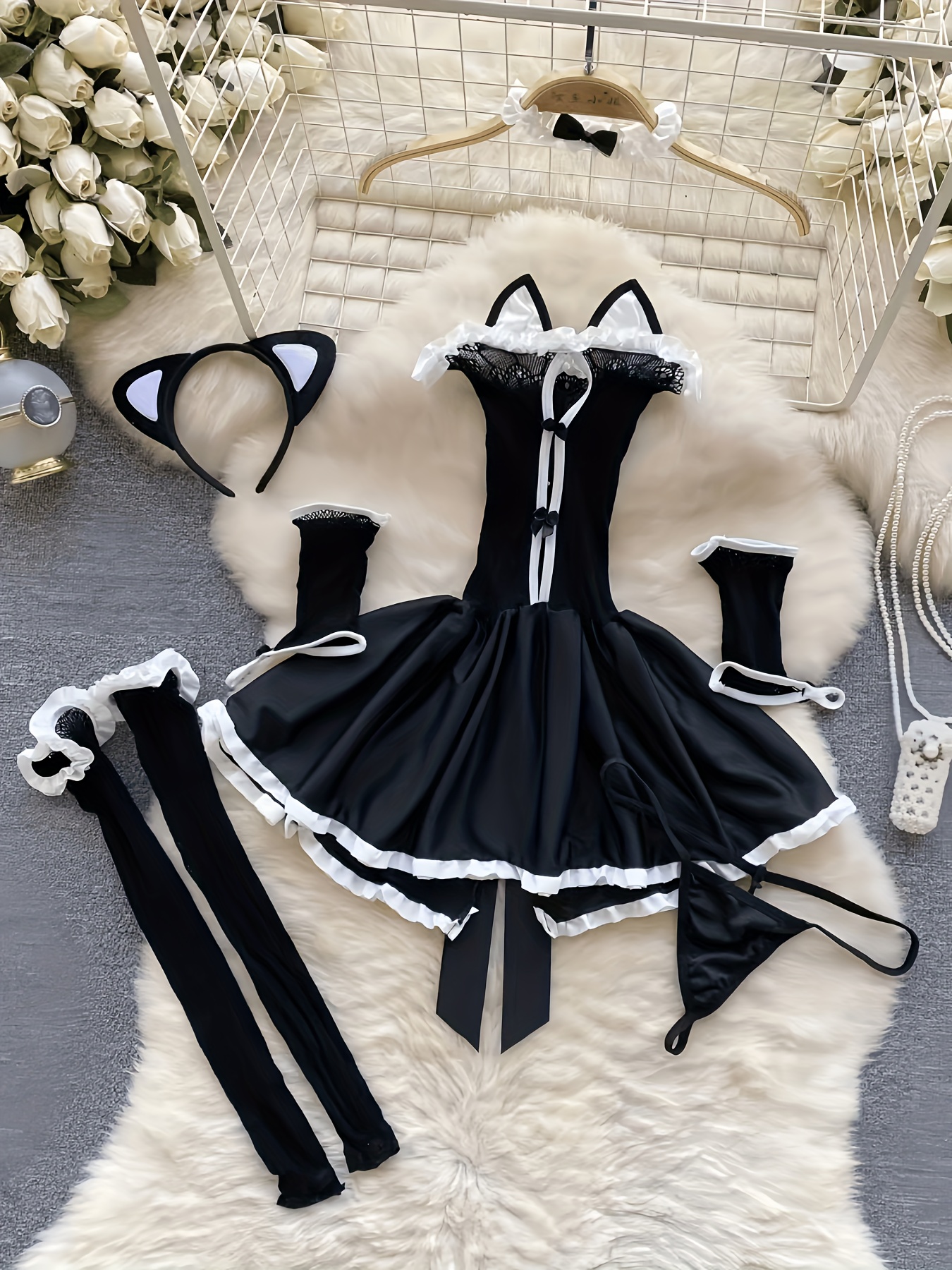 7pcs New Plus Size Lingerie Set Sexy Sweet Cool Cat Mesh Dress Christmas Uniform Tights Role-Play