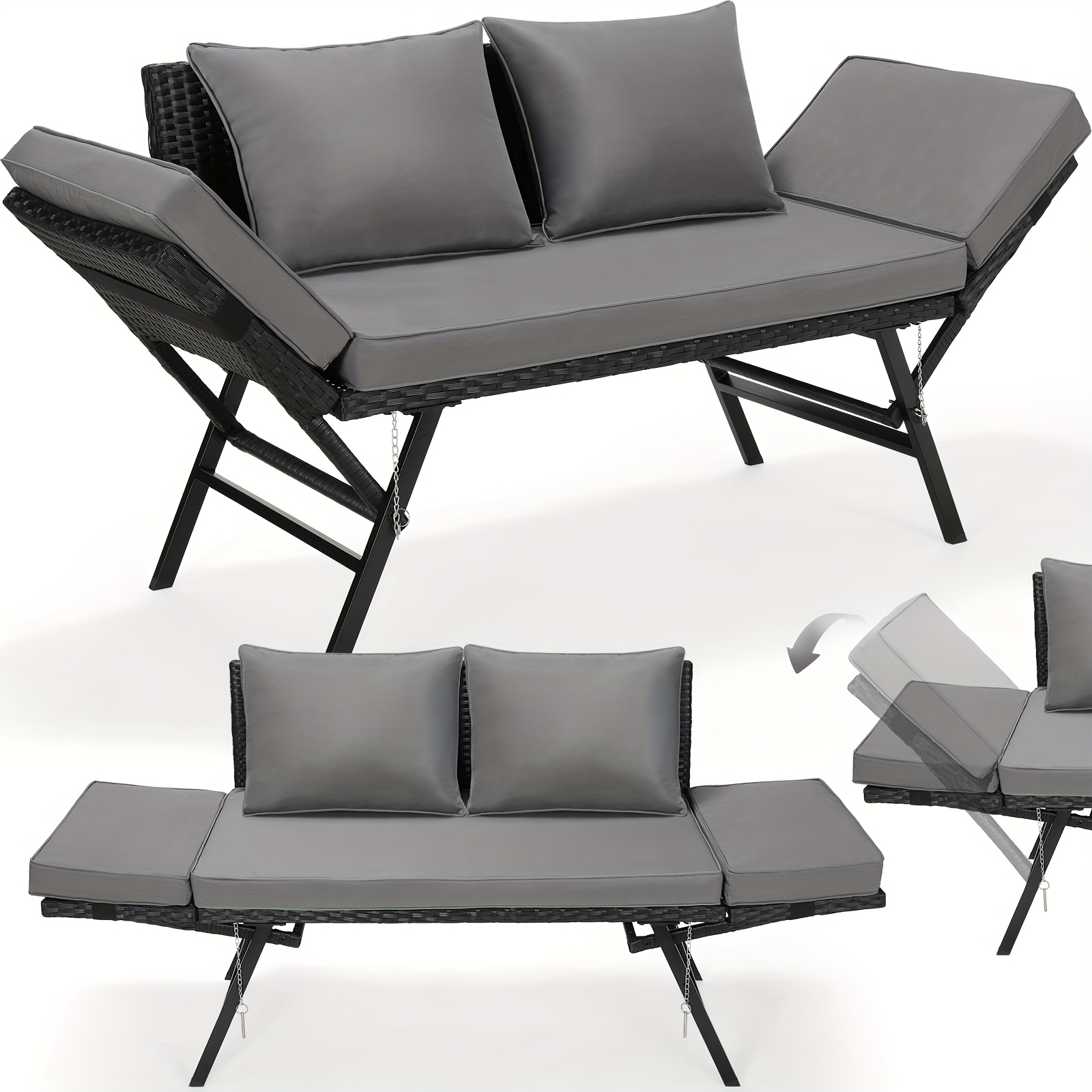 Image of 2in 1 Folding Love Seat, Bench, Patio Love Seat, Adjustable Armrest Design, Soft And Comfortable Cushion, Balcony Sofa, Suitable For Garden, Balcony, Terrace