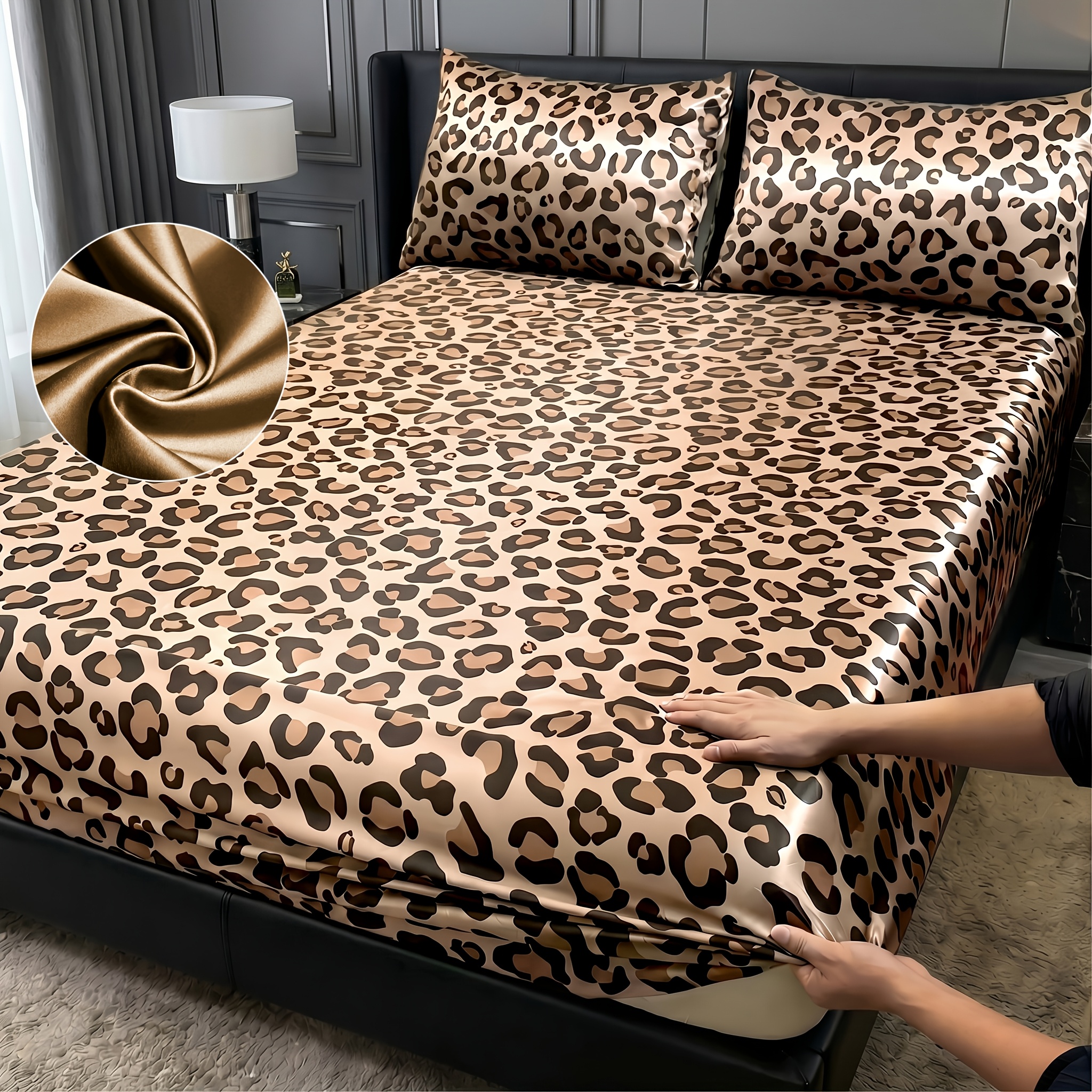 TEMU 2/3pcs Leopard Print Satin Fitted Sheet Set, Fashionable And Comfortable Deep Pocket Breathable Bedding, Bedroom Decoration., 1 Fitted Sheet + 2