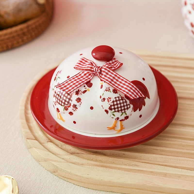 Floral Chicken Ceramic Butter Dish, Farmhouse Style Dessert Plate, Easter Tableware, Food-safe Decorative Snack Bowl