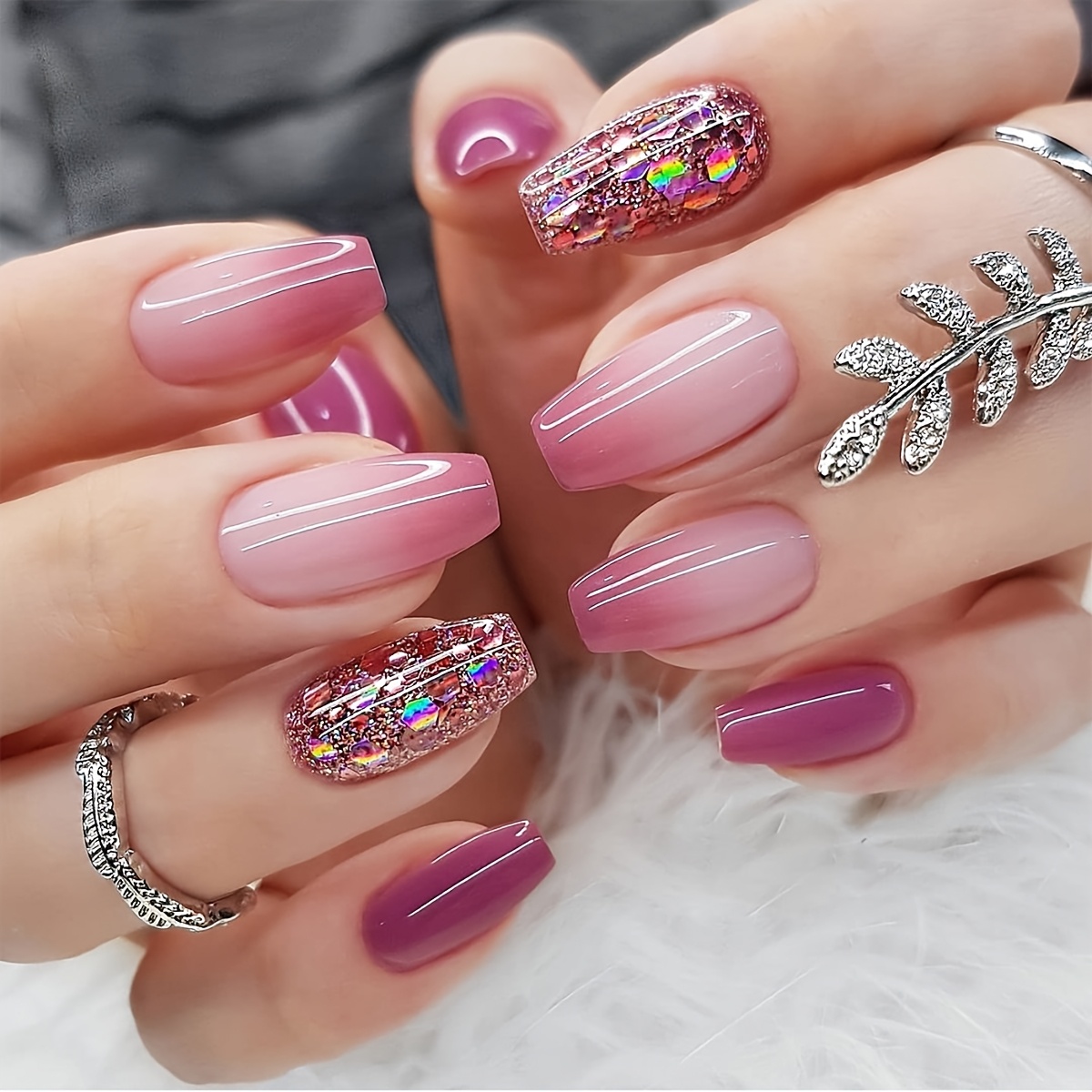 Image of 24pcs Of Wear Nail Purple Nail Flakes Wholesale Pink Gradient Purple Glitter Short Nail Flakes