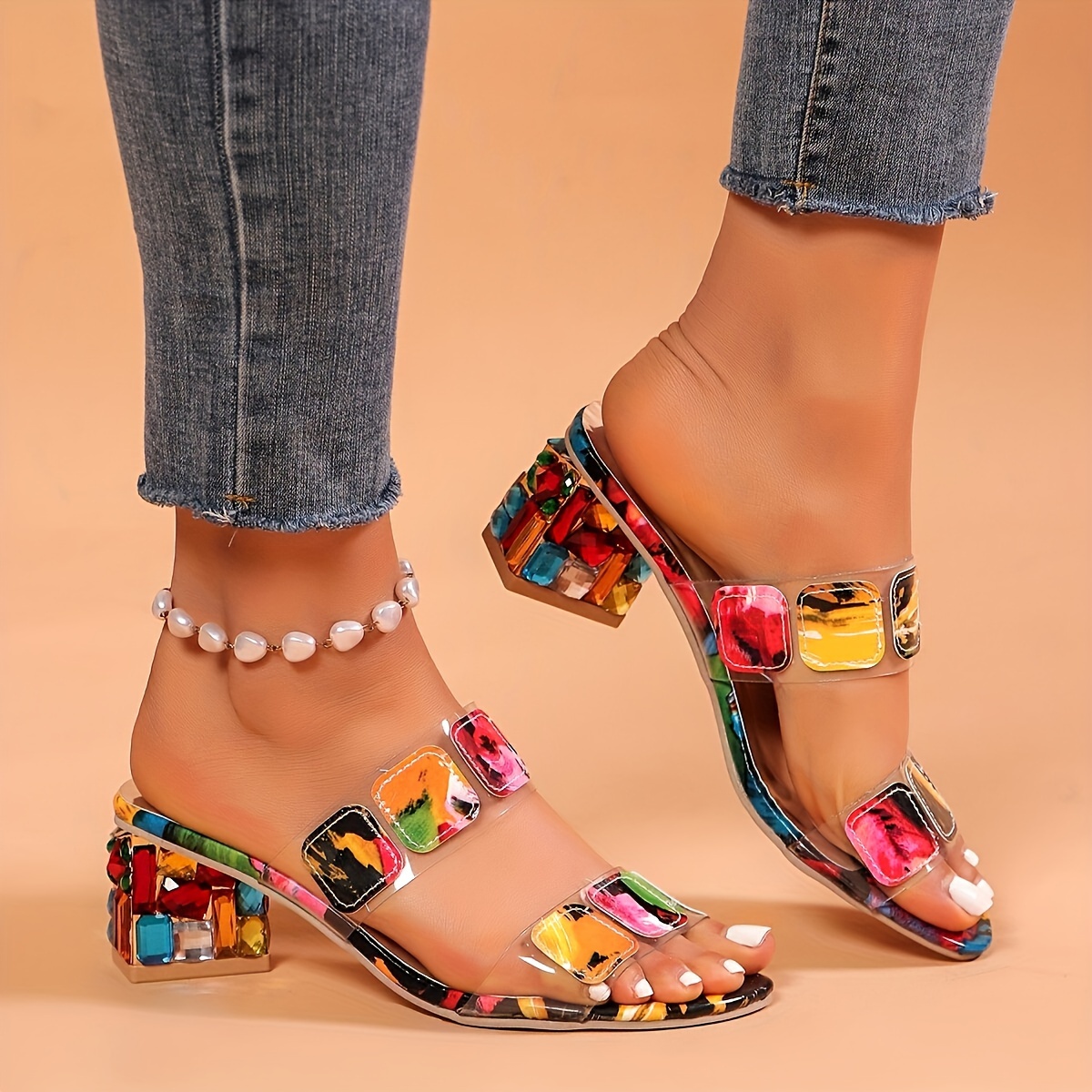 

Women's Colorful Chunky Heel Sandals, Fashion Open Toe Dress Pumps, Stylish Slip On Heels