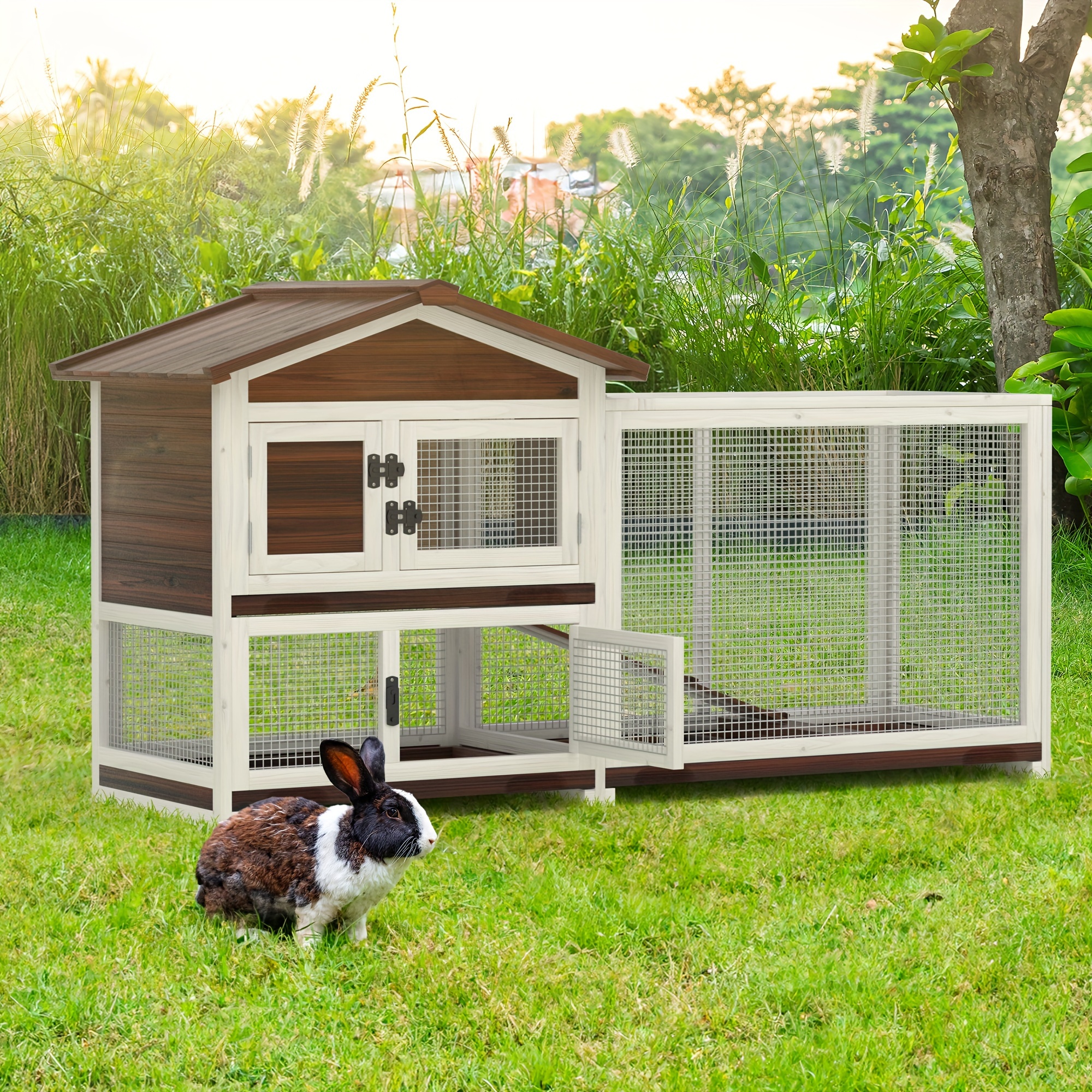Indoor Rabbit Hutch With Chew-Proof Ramp, Lockable Wheels & Leak-Proof Trays — Spacious 2-Story Cage For Bunnies & Guinea Pigs