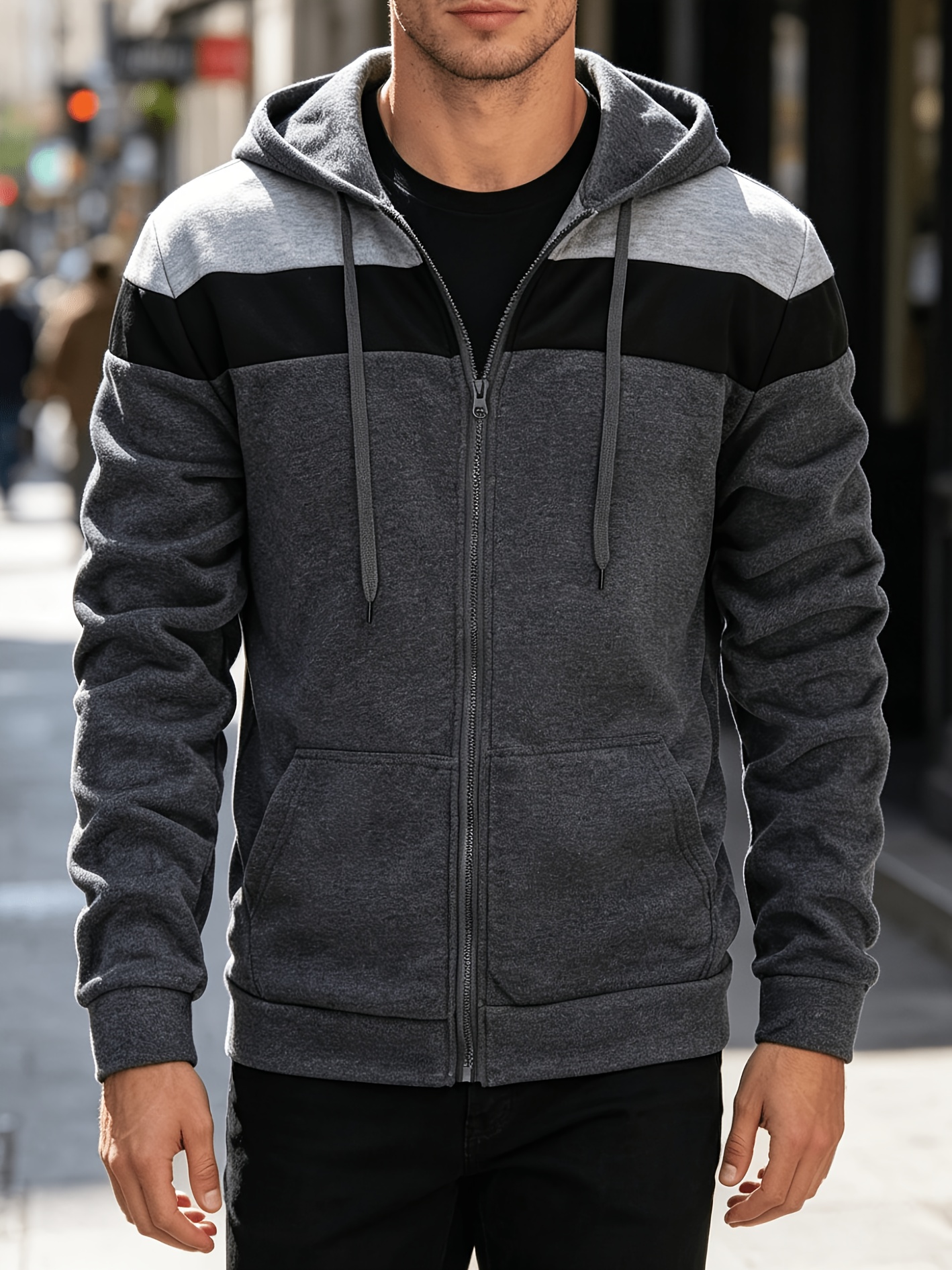 mens color block hooded zip up sweatshirt casual sports hoodie jacket streetwear outerwear