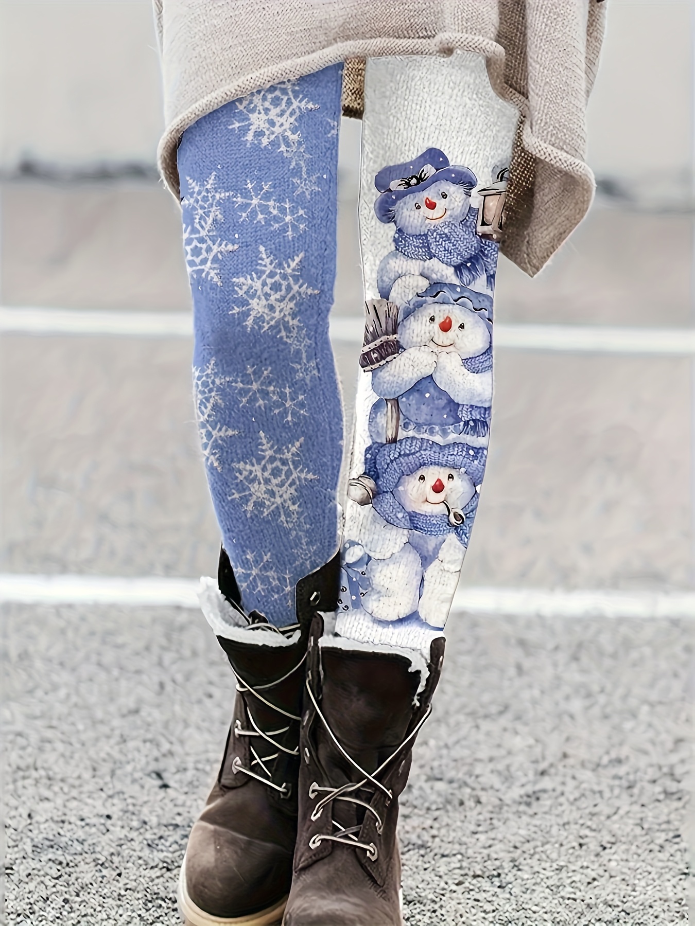 Meisjes Kerst Sneeuwvlok & Sneeuwpop Leggings - Blauwe Winterthema Strakke Broek met Witte Sneeuwpop Print, Geschikt voor Alle Seizoenen voor Feestjes & Spelen - Wasmachinebestendige Tights