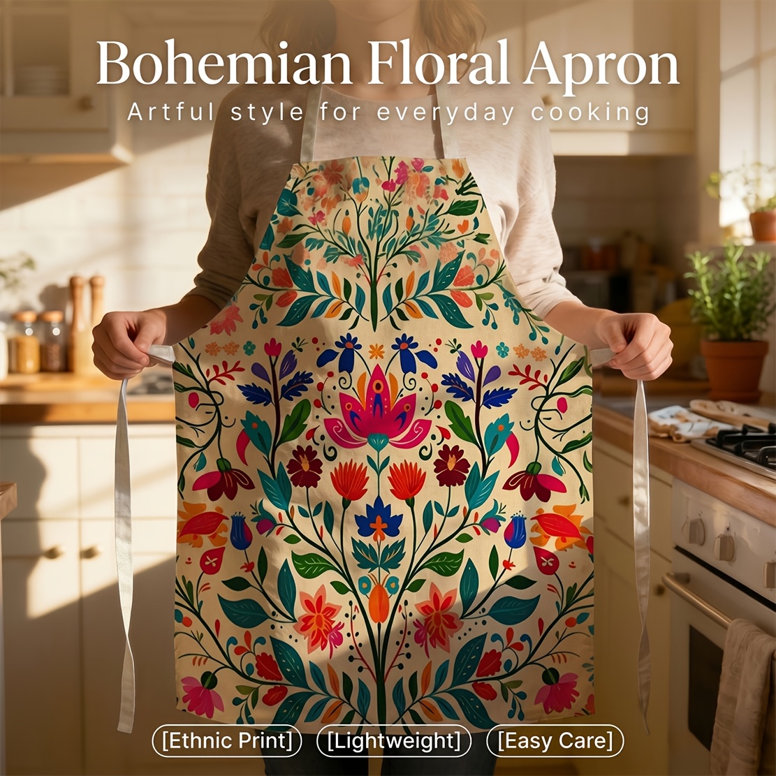 TEMU 1pc Bohemian Floral Apron, Ethnic Print Cute Kitchen Apron, Funny Unisex Apron For Men And Women, For Baking Bbq Daily Use, A Gift For Women