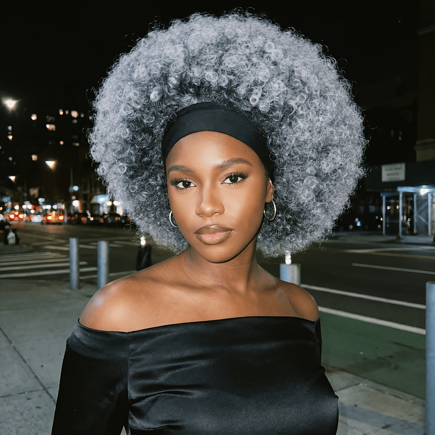 TEMU 4 Inch Grey Short Afro Headband Wig For Women, Glueless Half Scarf Wig, Large Bouncy Soft Natural Curls, Heat Resistant Lightweight, No Shedding