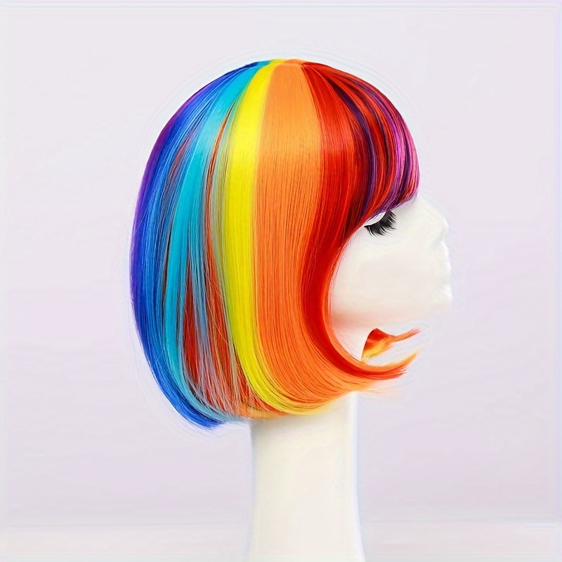 TEMU Multi-color Rainbow Bob Wig, 12 Inch Synthetic Hair, Short Vibrant Party Cosplay Costume For Women, Halloween Fashion Accessory Music Festival