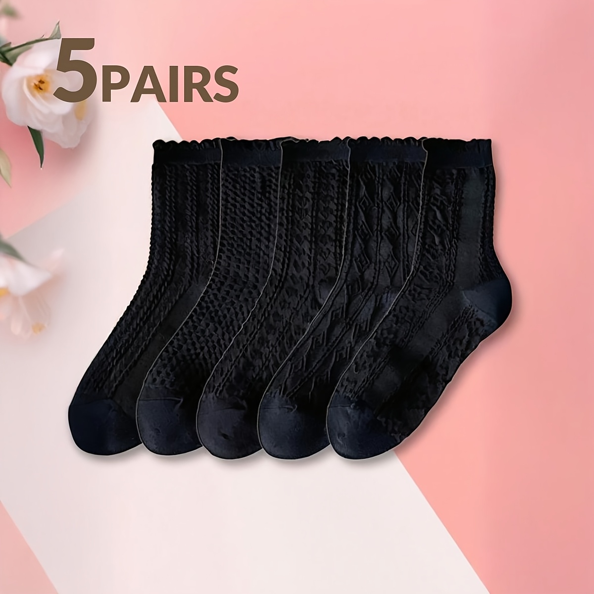 

5pcs Elegant Black Embossed Women's Mid-calf Socks - Soft & Stretchy Polyester , Solid Color, Comfortable Knit For Casual Attire, Cute Socks