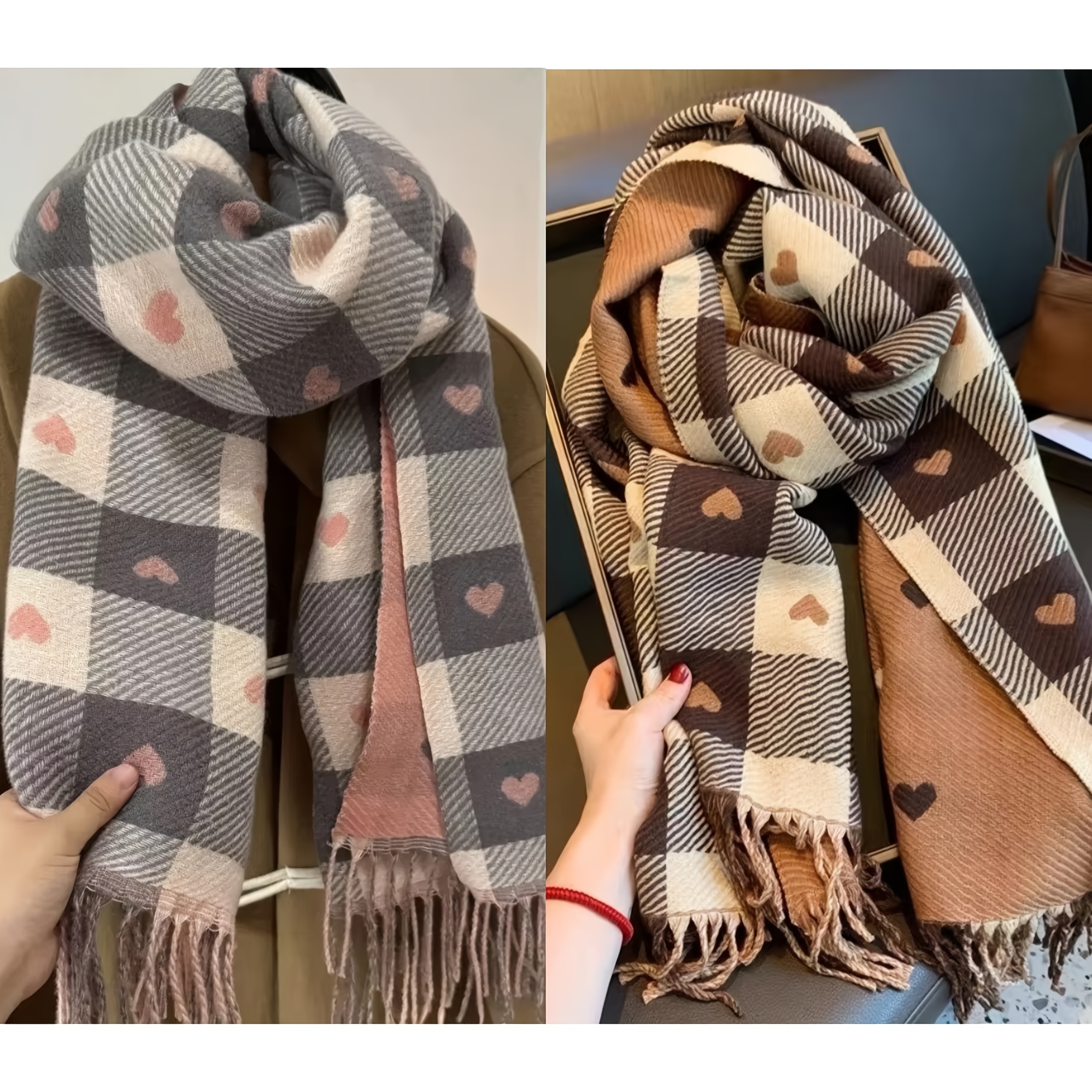 TEMU 2 pezzi Sciarpe con nappa e motivo a cuore caldo inverno, set di rosa e color caff癡, adatte come regalo per Halloween