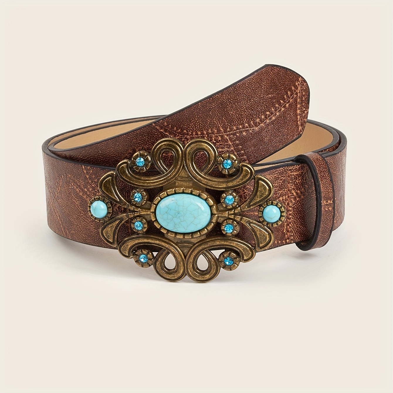 

1pc Turquoise Embossed Pu Leather Belt Vintage Stylish Versatile Belts Dress Jeans Accessories For Women