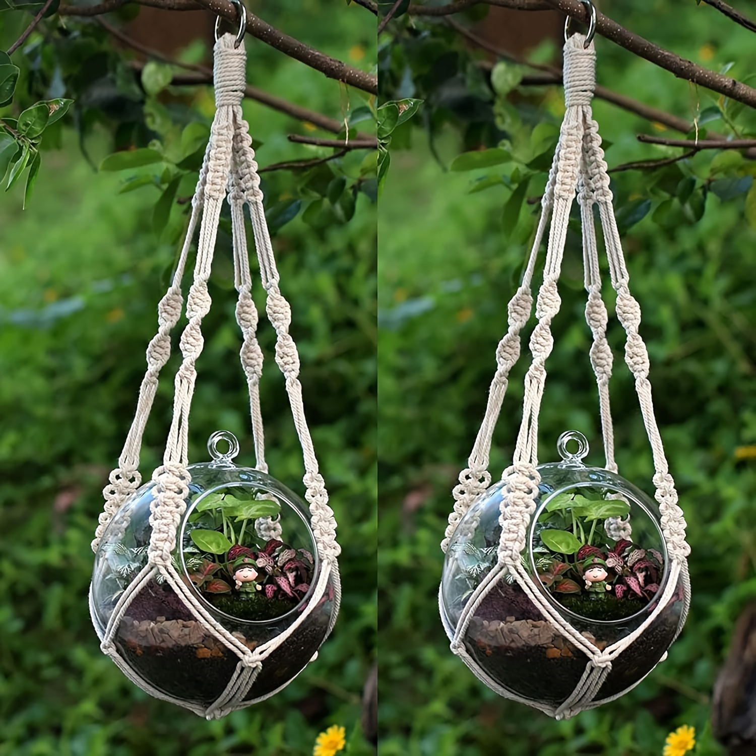 

2 Packs, Macrame Plant Hanger Indoor Outdoor Hanging Planter Natural Manual Knitted Cotton Macrame Cord Plant Hanger With Ring For Home Decor Ceiling Wall Planters Hanging, 20 Inch