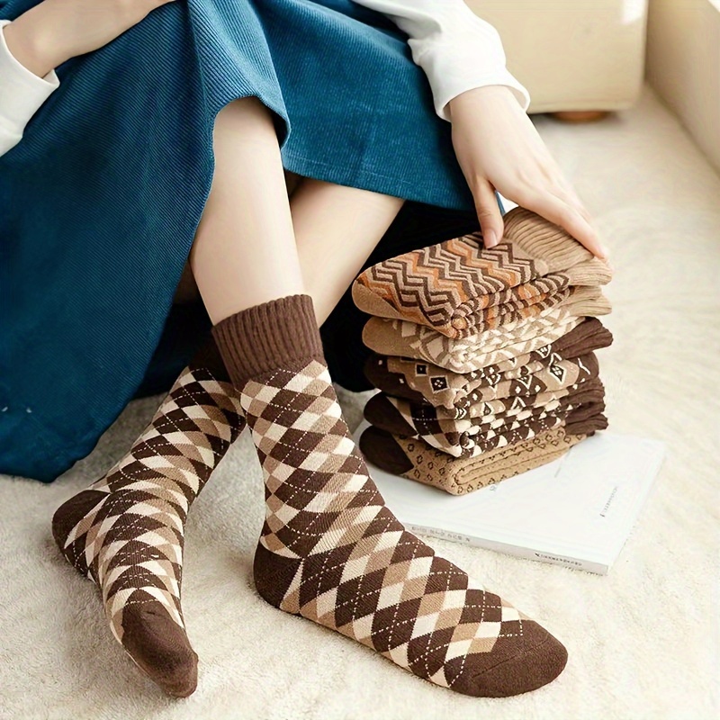 

5 Pairs Argyle & Chevron Print Socks, Vintage Style Warm Mid Tube Socks For Fall & Winter, Women's Stockings & Hosiery