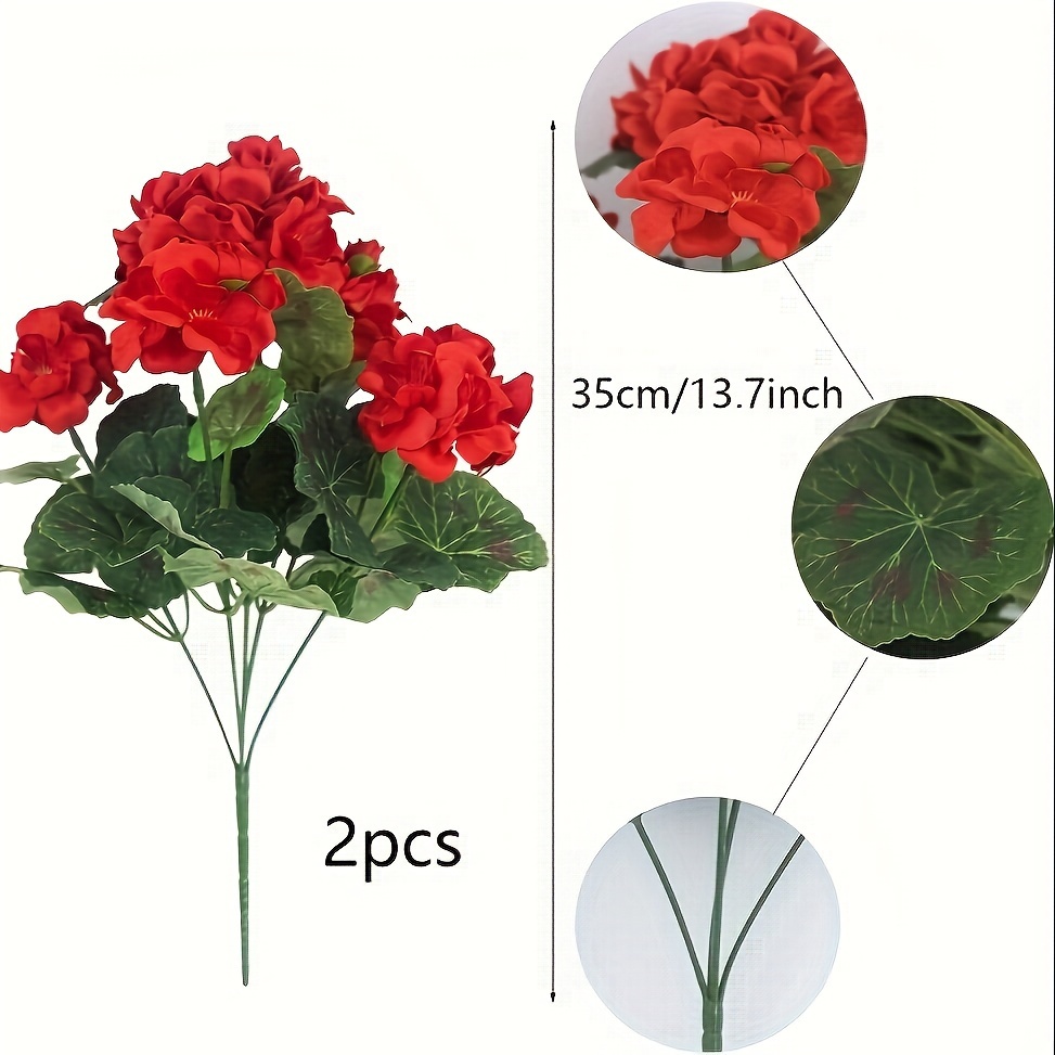 Set Of 2 Fabric Artificial Geranium Bushes For Outdoor Decor Red Faux